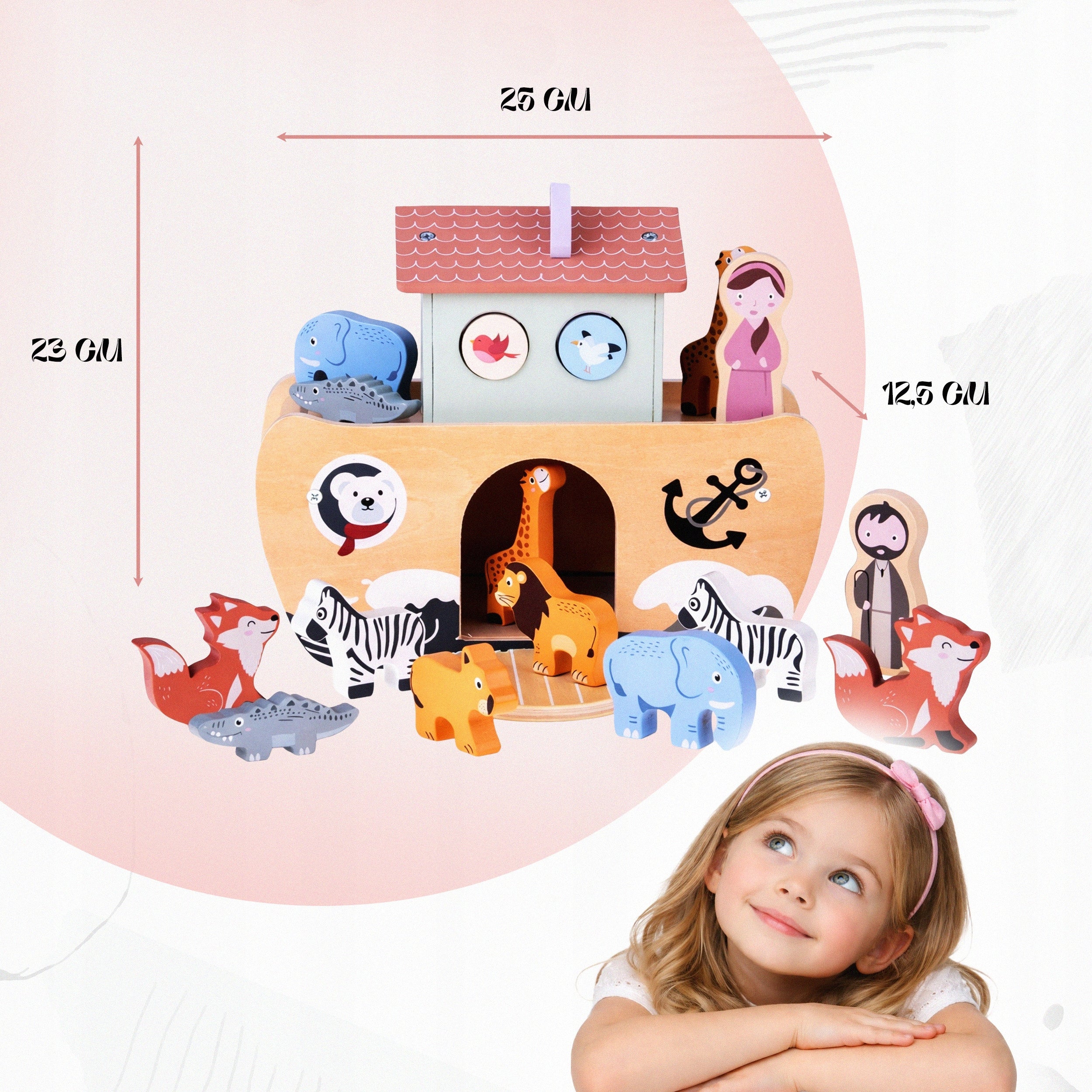 Arca lui Noe din lemn, jucarie educativa cu 17 figurine, 25x13x23 cm, multicolor