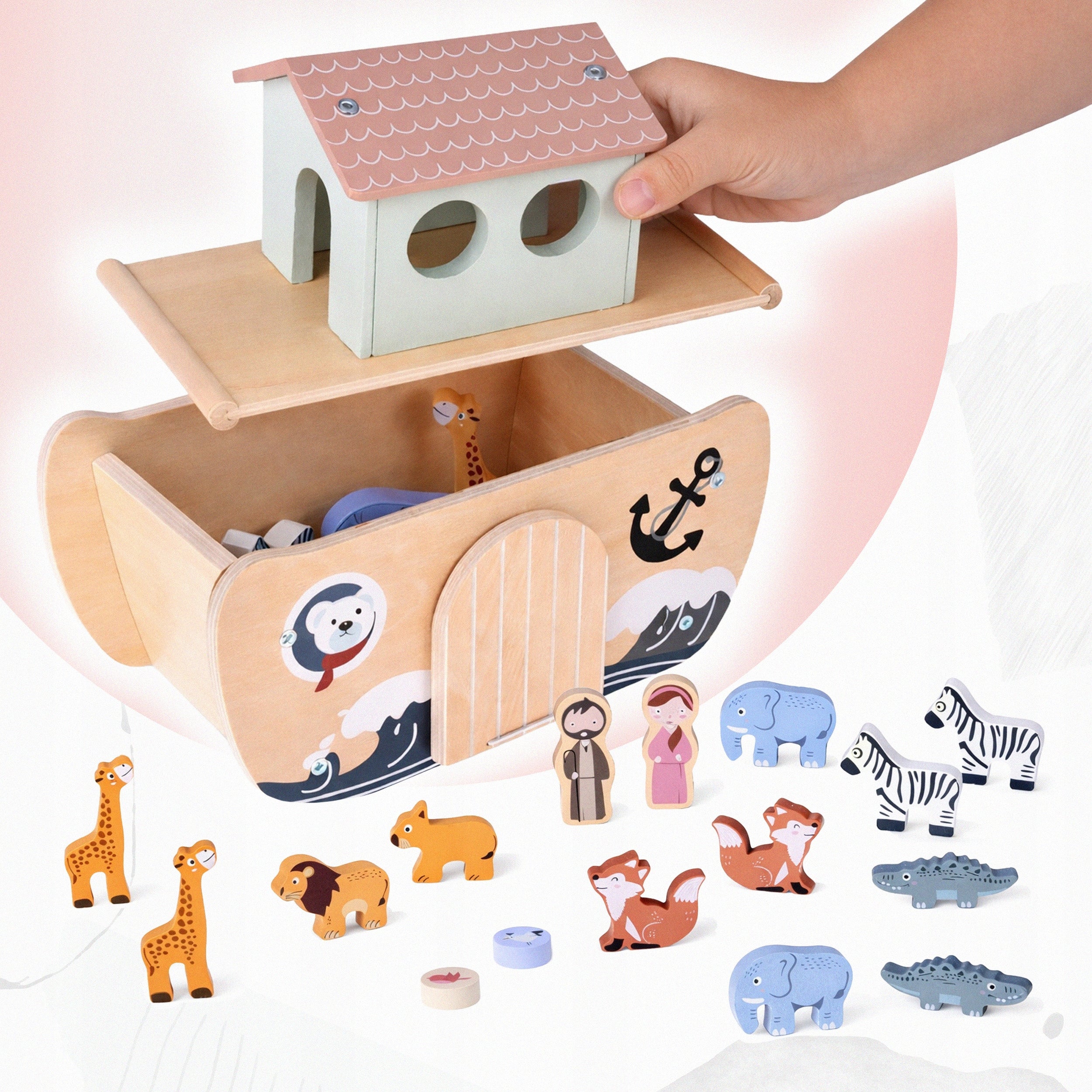 Arca lui Noe din lemn, jucarie educativa cu 17 figurine, 25x13x23 cm, multicolor