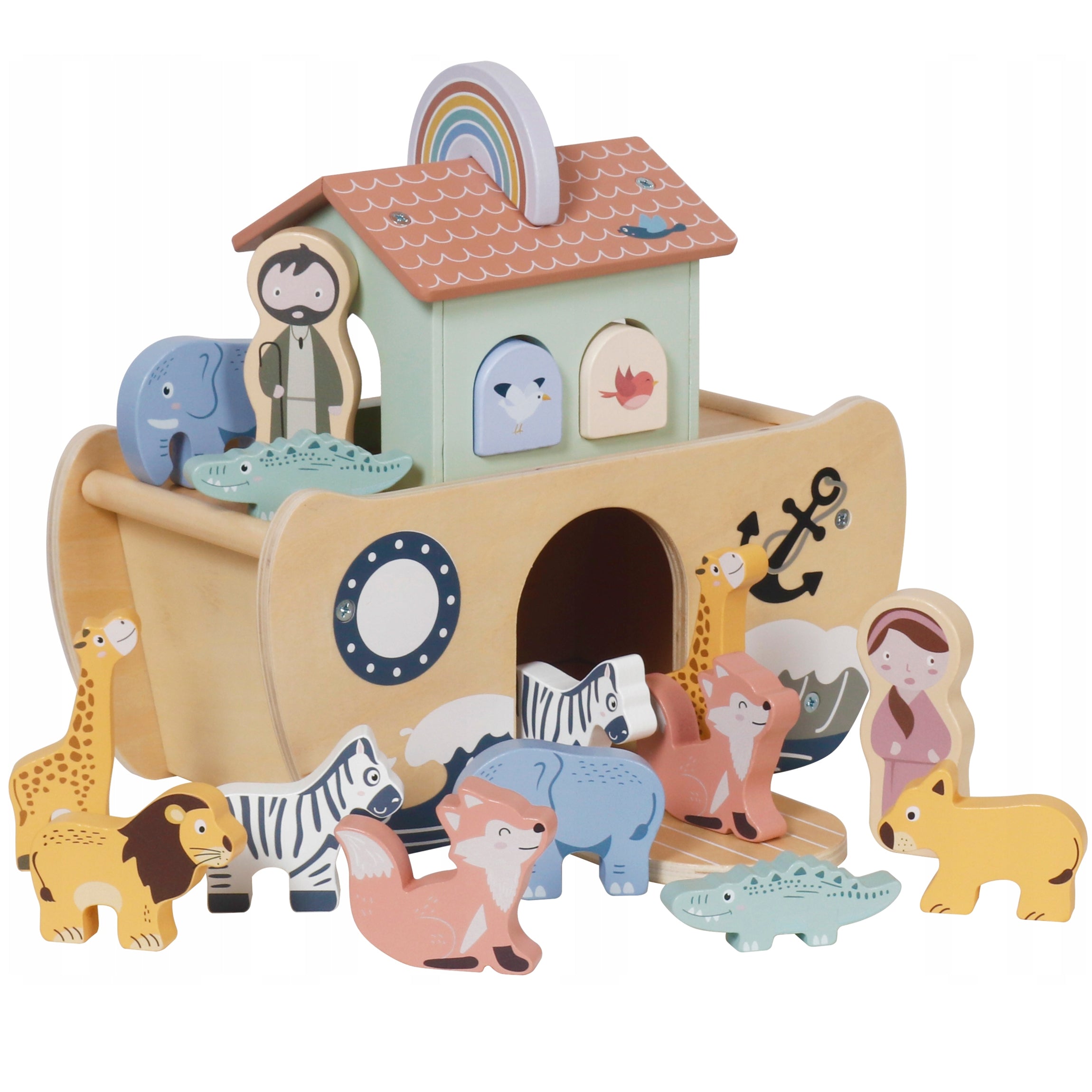 Arca lui Noe din lemn, jucarie educativa cu 17 figurine, 25x13x23 cm, multicolor