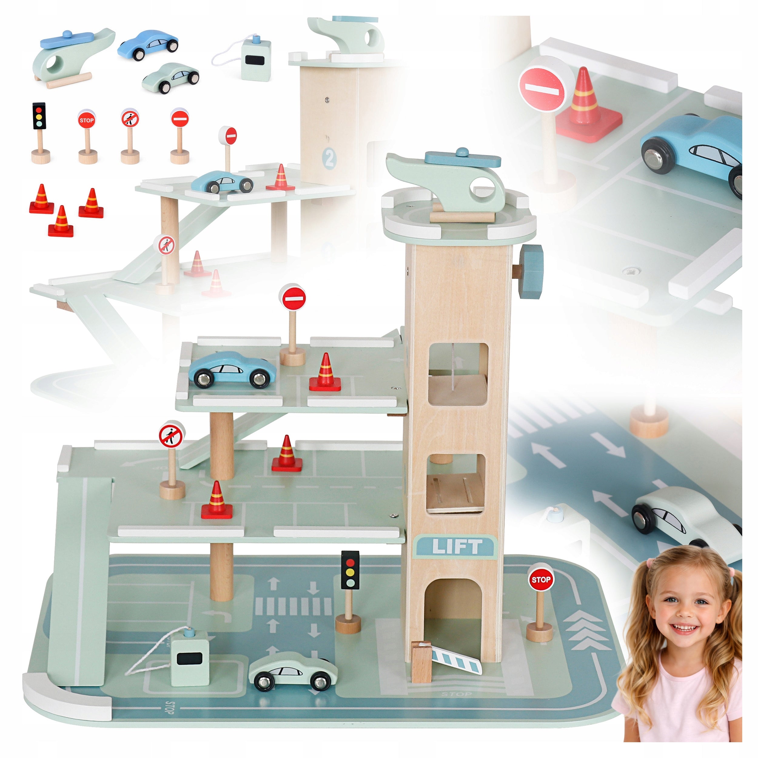 Parcare auto din lemn 3 niveluri cu lift si heliport, 48x36x37 cm, multicolor
