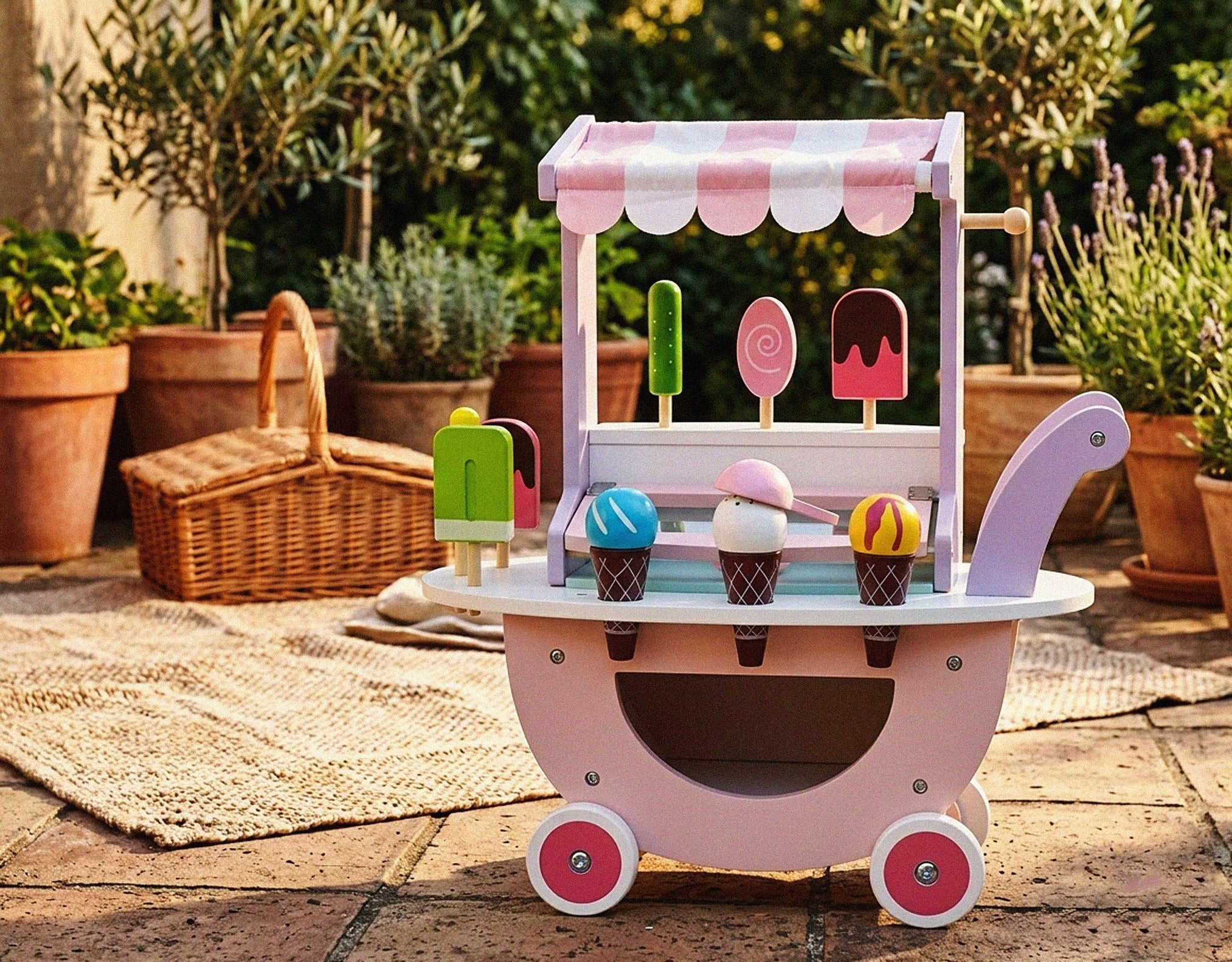 Carucior de inghetata din lemn cu accesorii si roti, 41x24x44 cm, multicolor