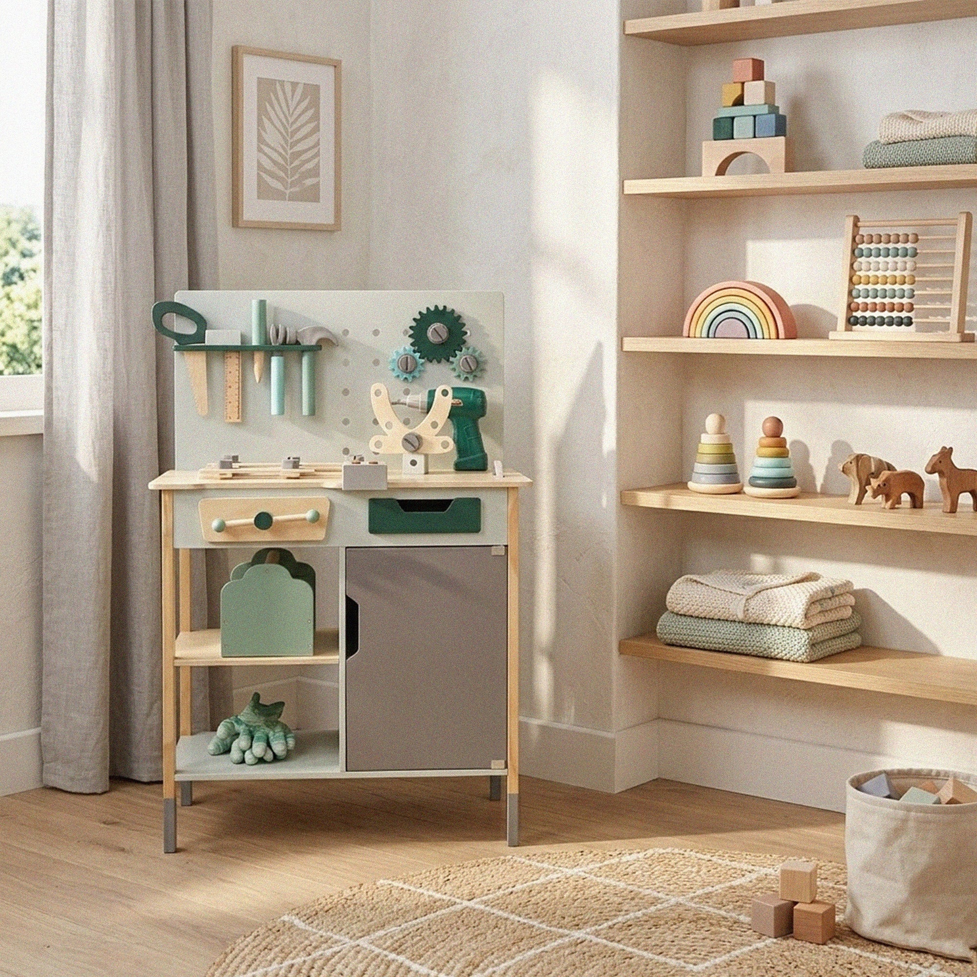 Banc de lucru pentru copii din lemn cu unelte si accesorii, 56x31x86 cm, multicolor
