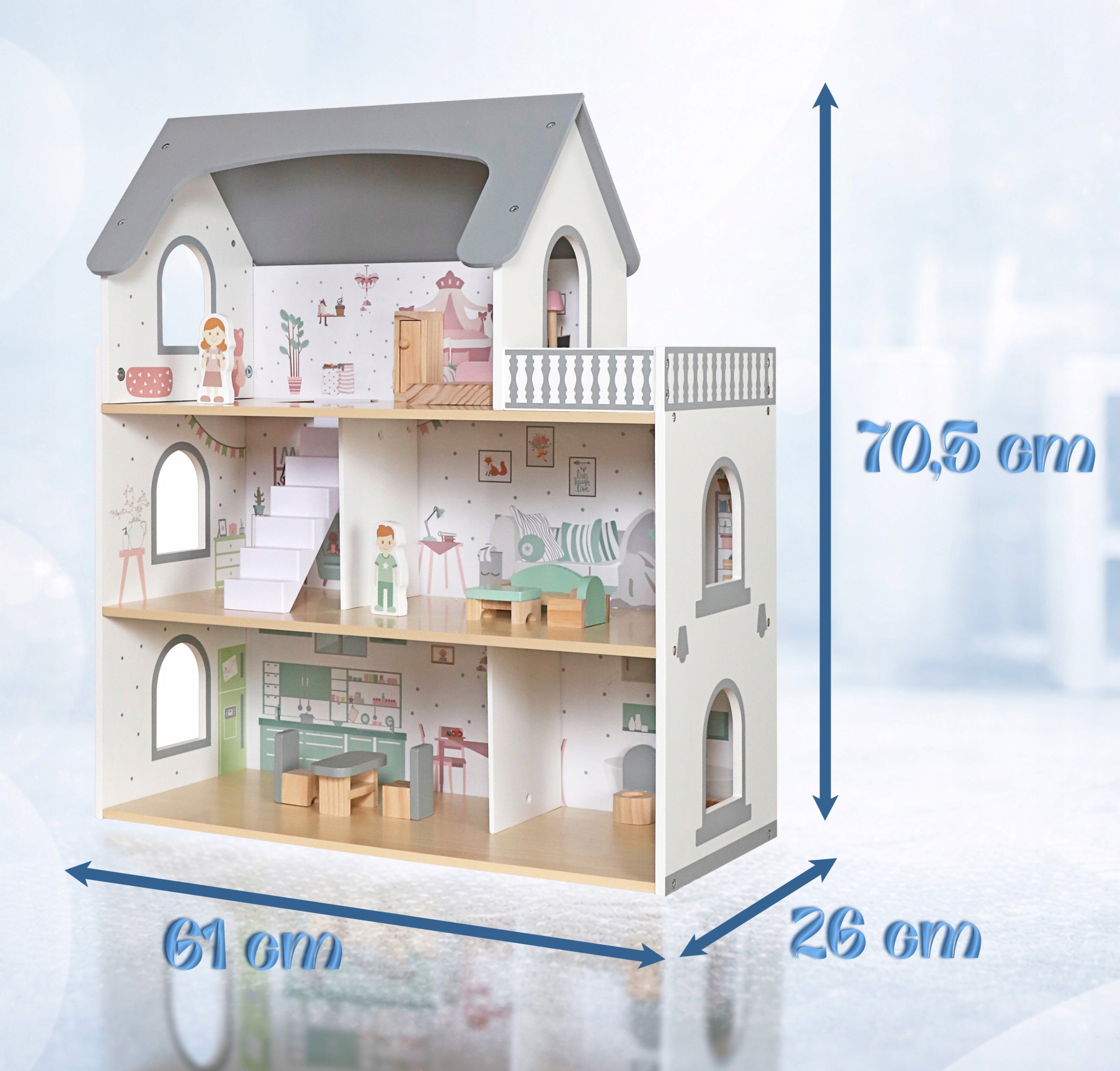 Casuta pentru papusi din lemn cu 3 niveluri, mobilier si accesorii, 61x26x71 cm, multicolor