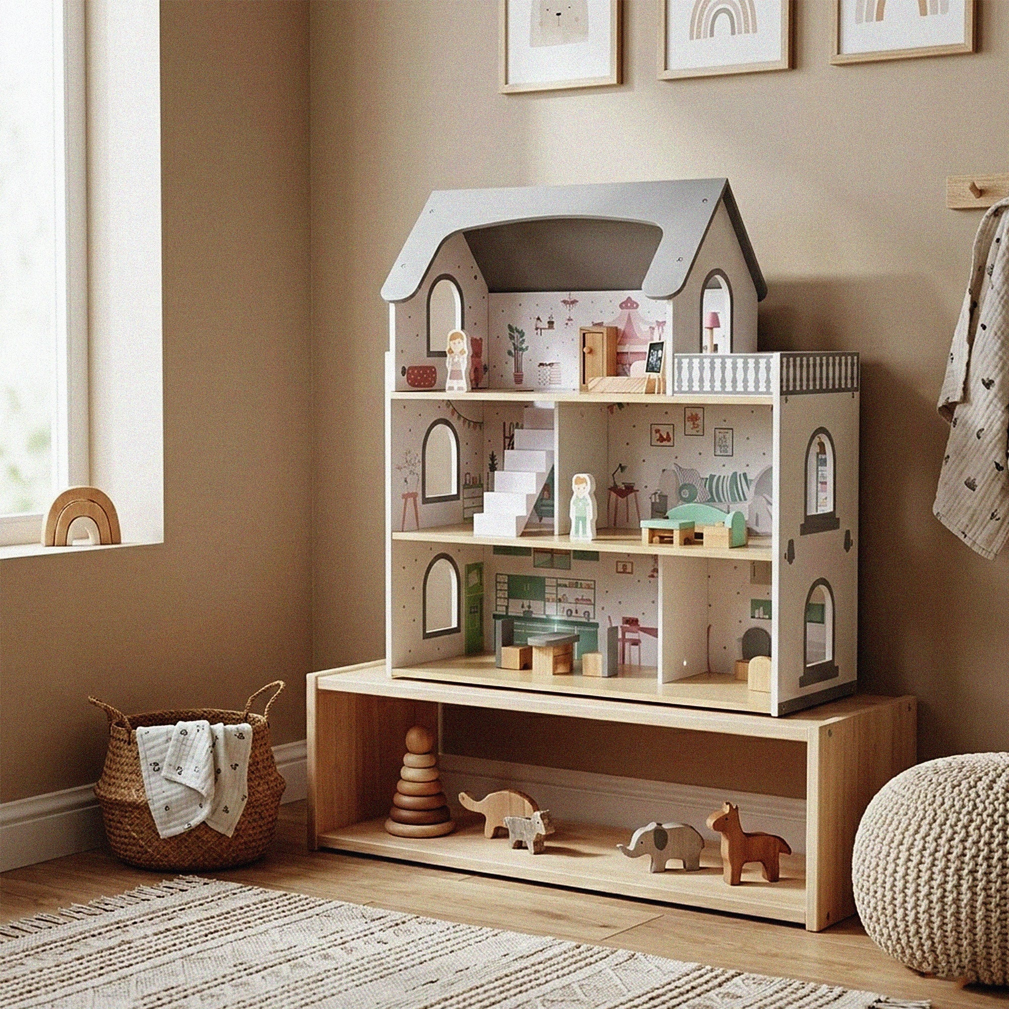 Casuta pentru papusi din lemn cu 3 niveluri, mobilier si accesorii, 61x26x71 cm, multicolor