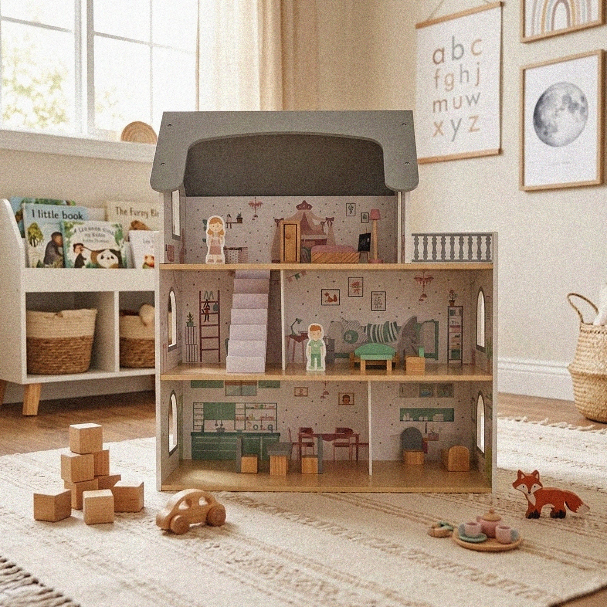 Casuta pentru papusi din lemn cu 3 niveluri, mobilier si accesorii, 61x26x71 cm, multicolor
