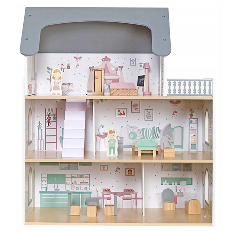 Casuta pentru papusi din lemn cu 3 niveluri, mobilier si accesorii, 61x26x71 cm, multicolor