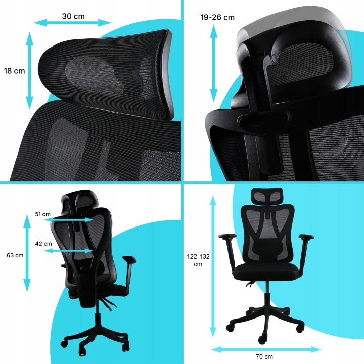 Scaun birou ergonomic, reglabil, cu suport lombar si tetiera, plasa mesh, maxim 120 kg, 50x50x126 cm, negru