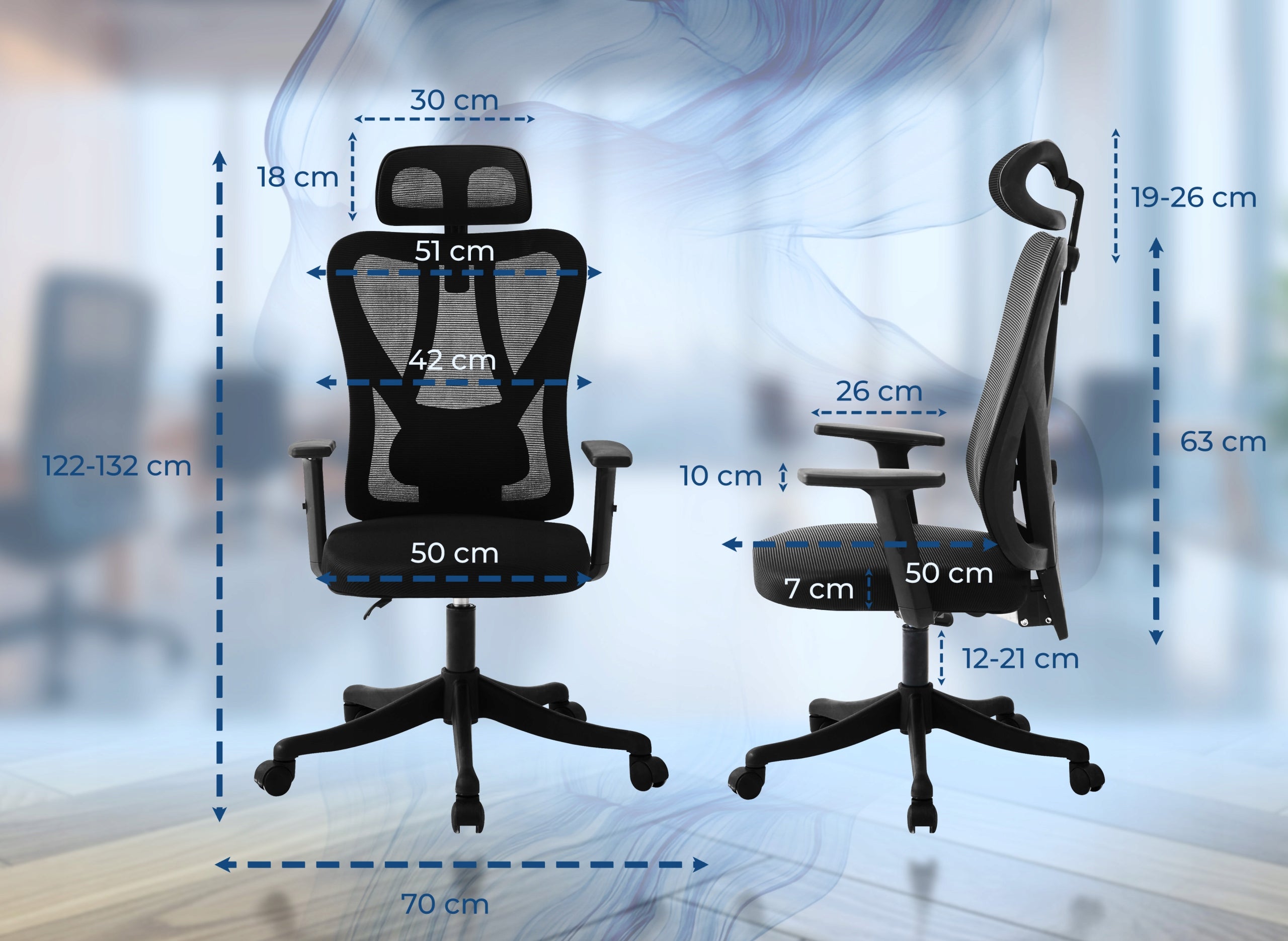 Scaun birou ergonomic, reglabil, cu suport lombar si tetiera, plasa mesh, maxim 120 kg, 50x50x126 cm, negru