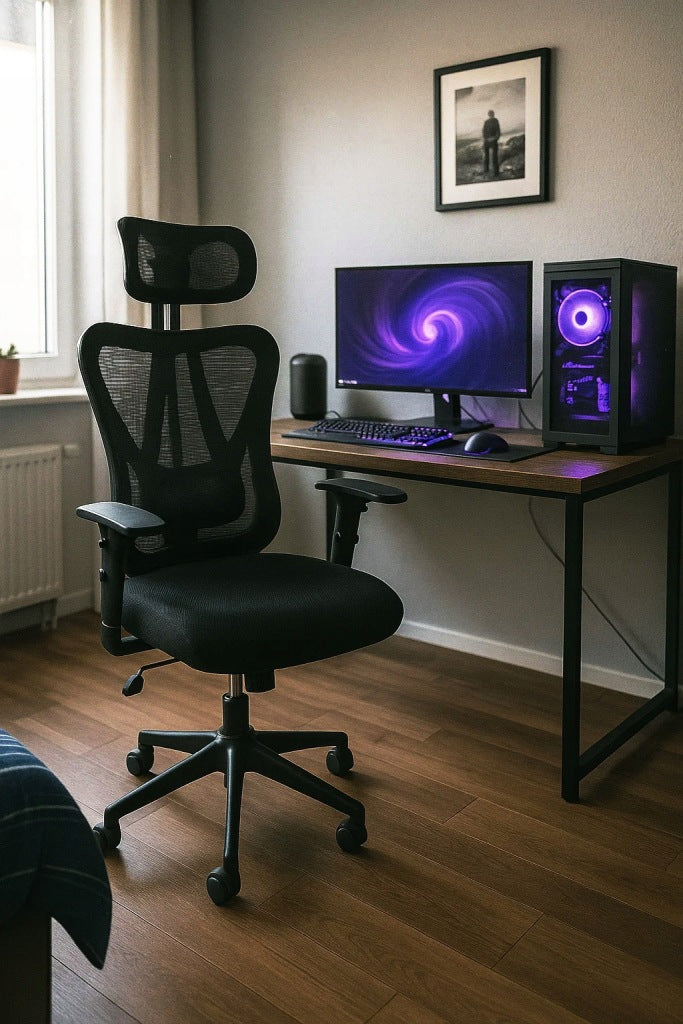 Scaun birou ergonomic, reglabil, cu suport lombar si tetiera, plasa mesh, maxim 120 kg, 50x50x126 cm, negru