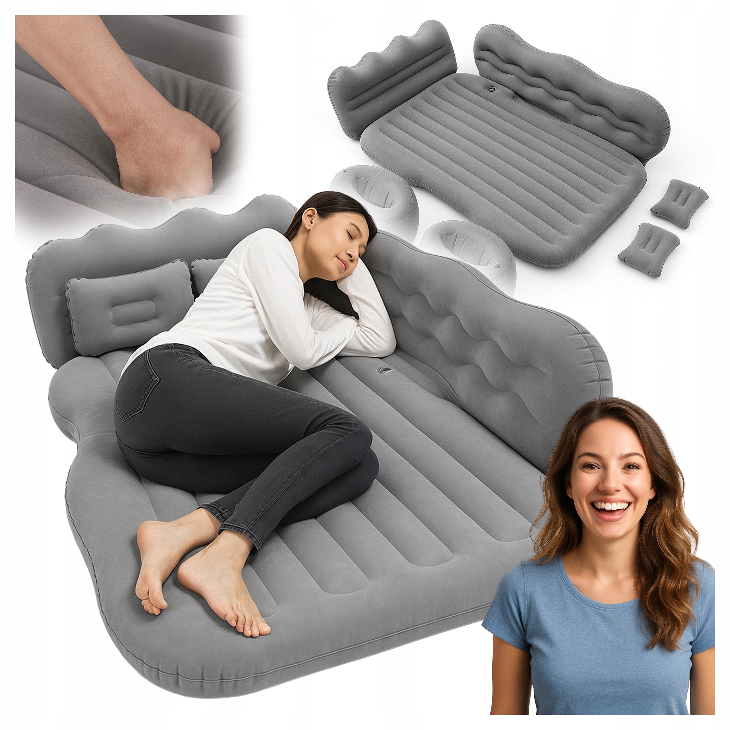 Saltea auto gonflabila pentru bancheta spate cu perne si pompa, 128x76x15 cm, negru