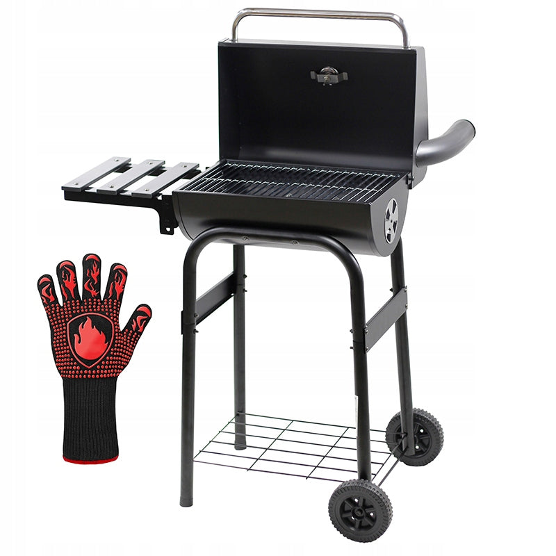 Gratar carbuni cu capac, raft lateral, sistem ventilatie, termometru si cos de fum, 83x41x116 cm, negru