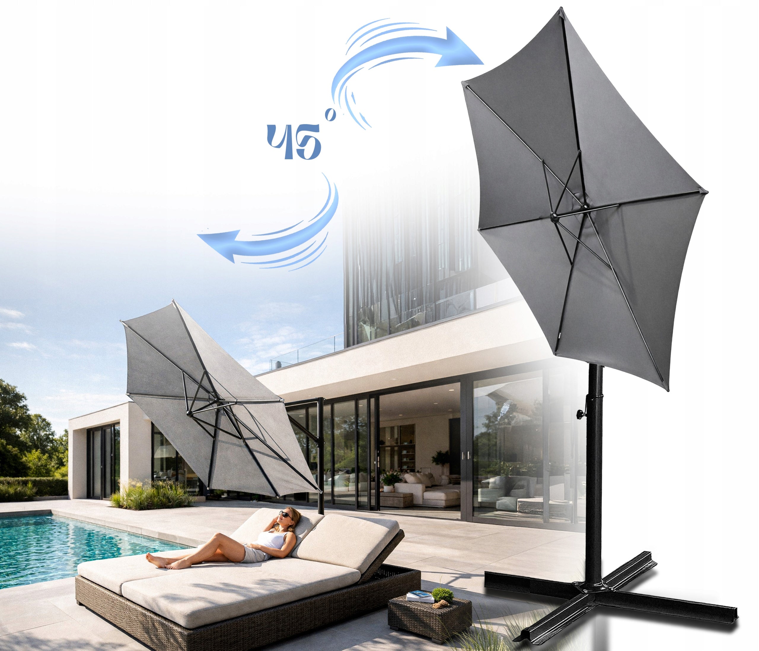 Umbrela pentru gradina XL cu rotatie 360 si ventilatie, diametru 300 cm, gri