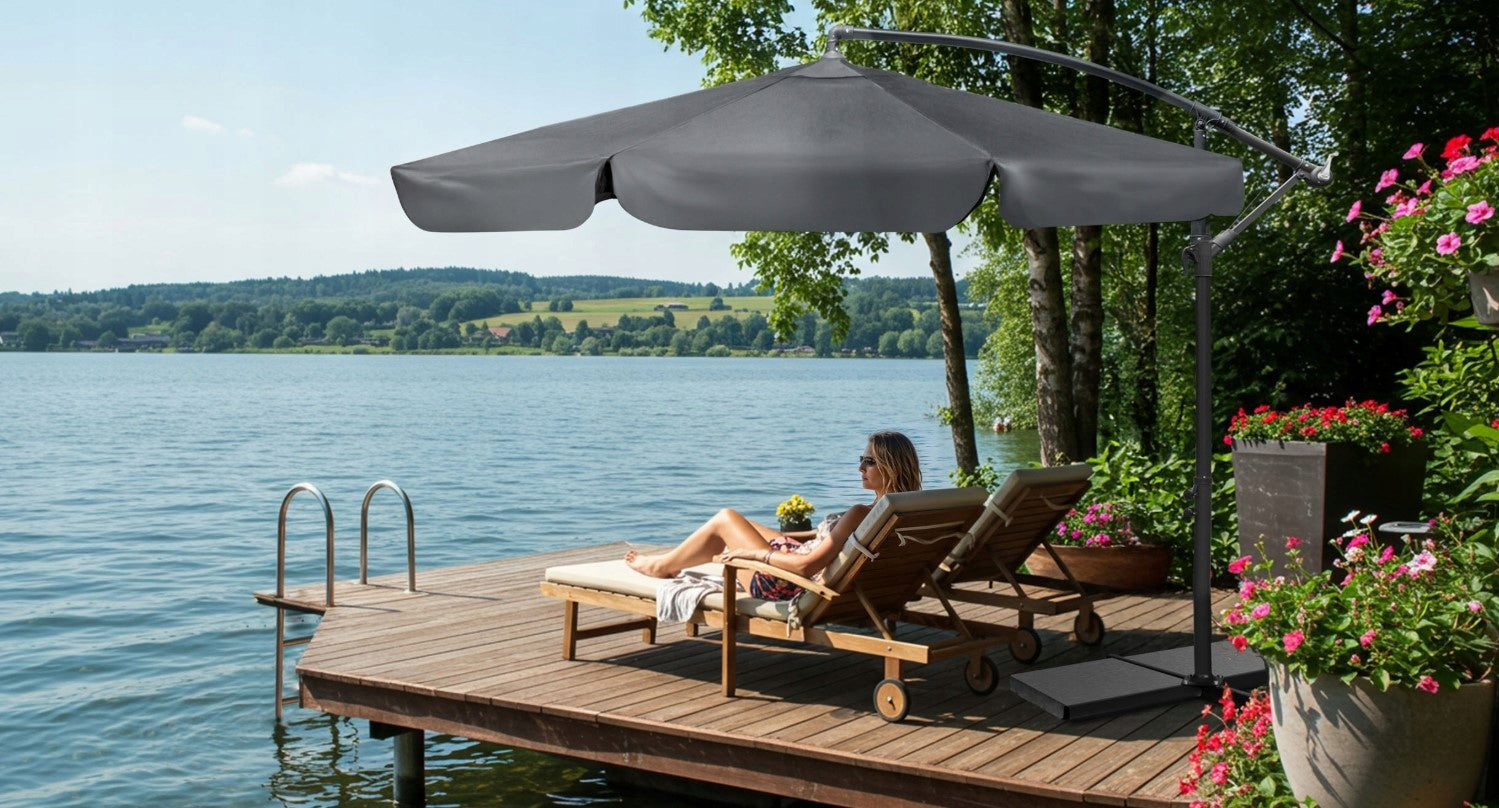 Umbrela de gradina cu brat lateral, inclinabila, panza poliester 160 g/mp, husa de protectie, 300 cm, gri