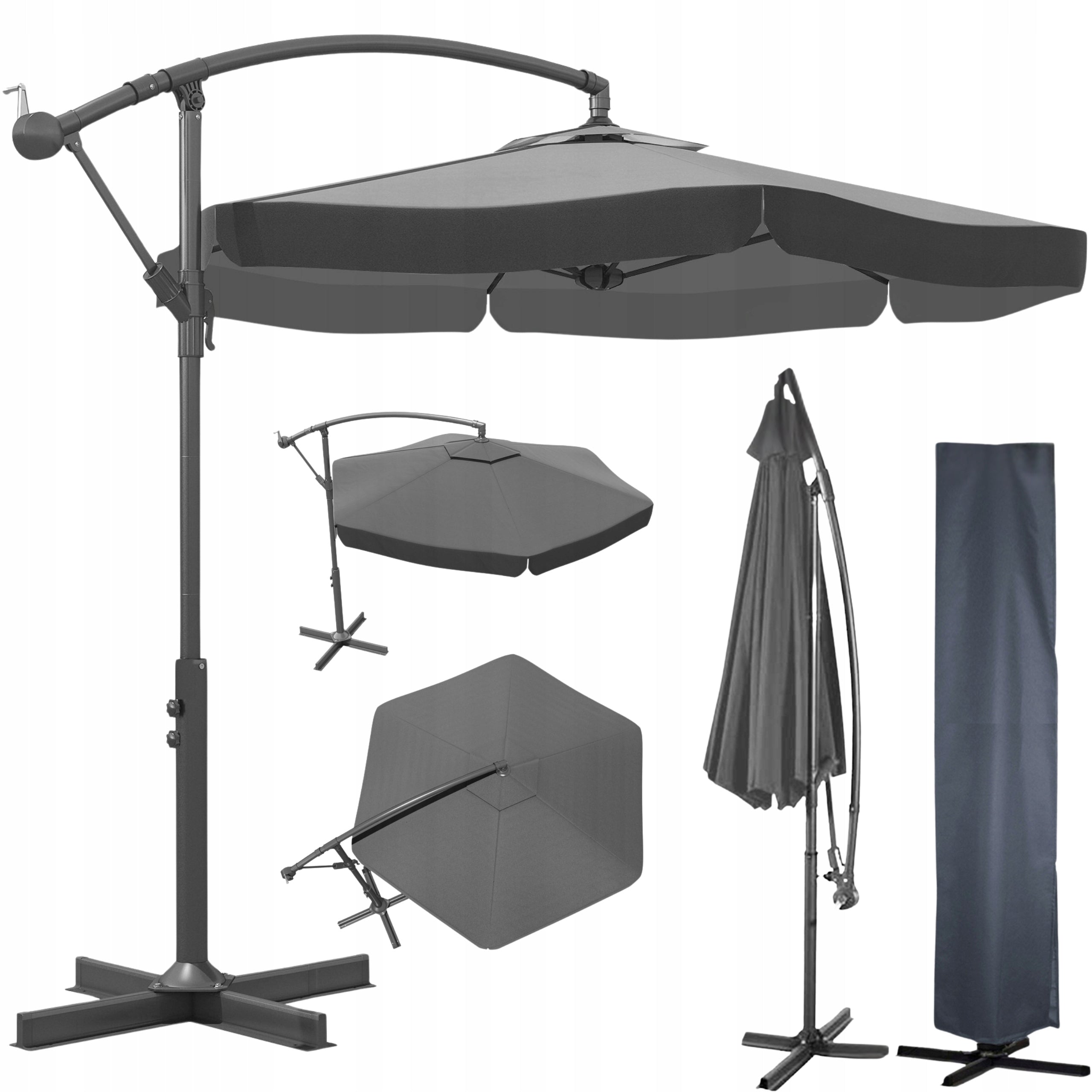 Umbrela de gradina cu brat lateral, inclinabila, panza poliester 160 g/mp, husa de protectie, 300 cm, gri