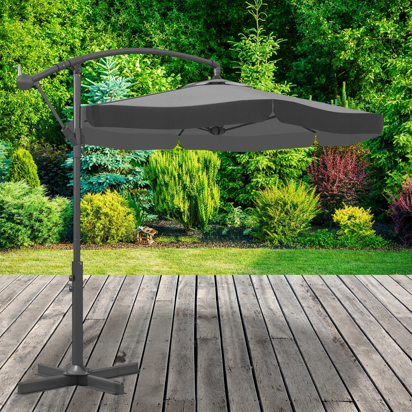 Umbrela de gradina cu brat lateral, inclinabila, panza poliester 160 g/mp, husa de protectie, 300 cm, gri