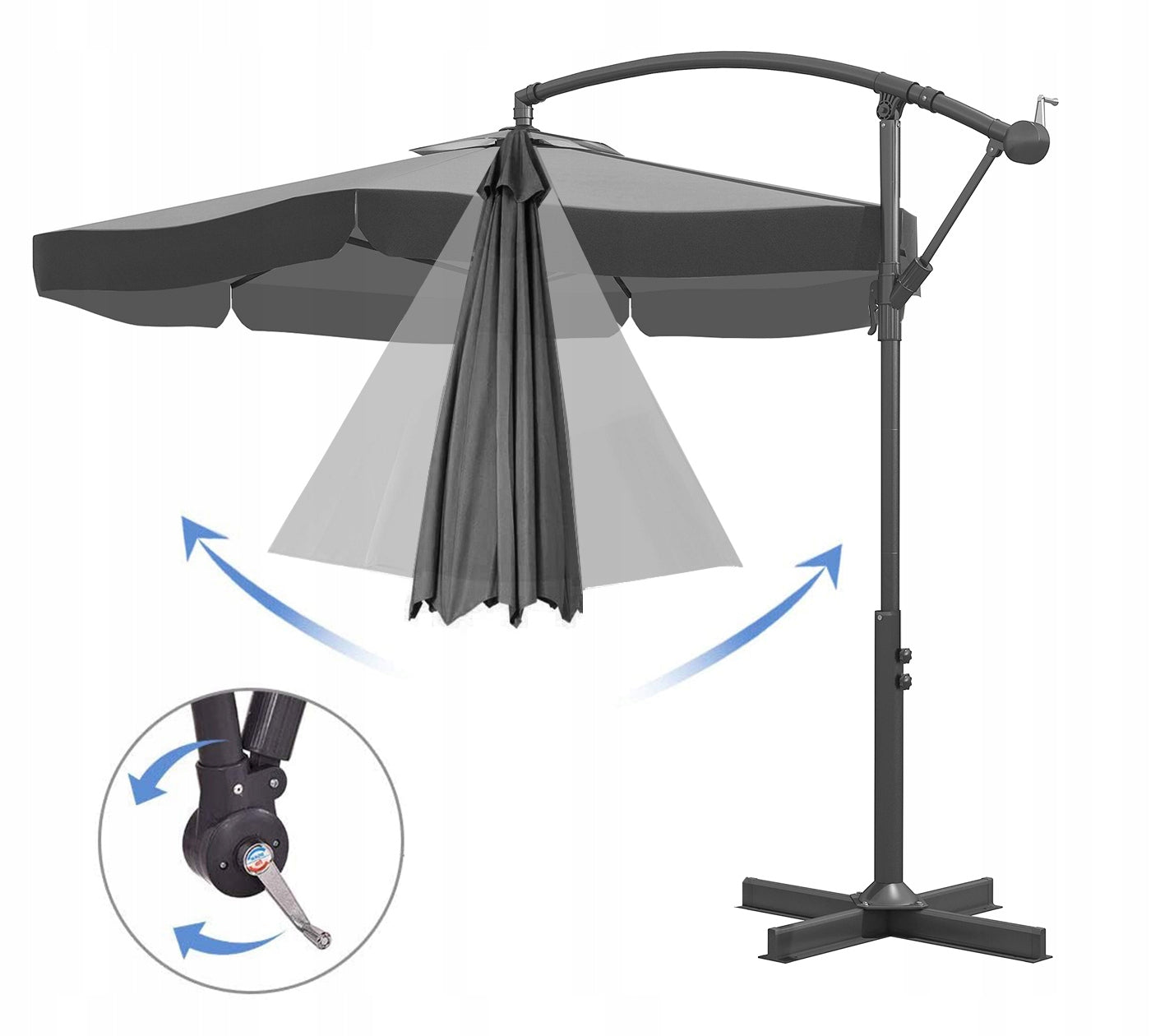 Umbrela de gradina cu brat lateral, inclinabila, panza poliester 160 g/mp, husa de protectie, 300 cm, gri