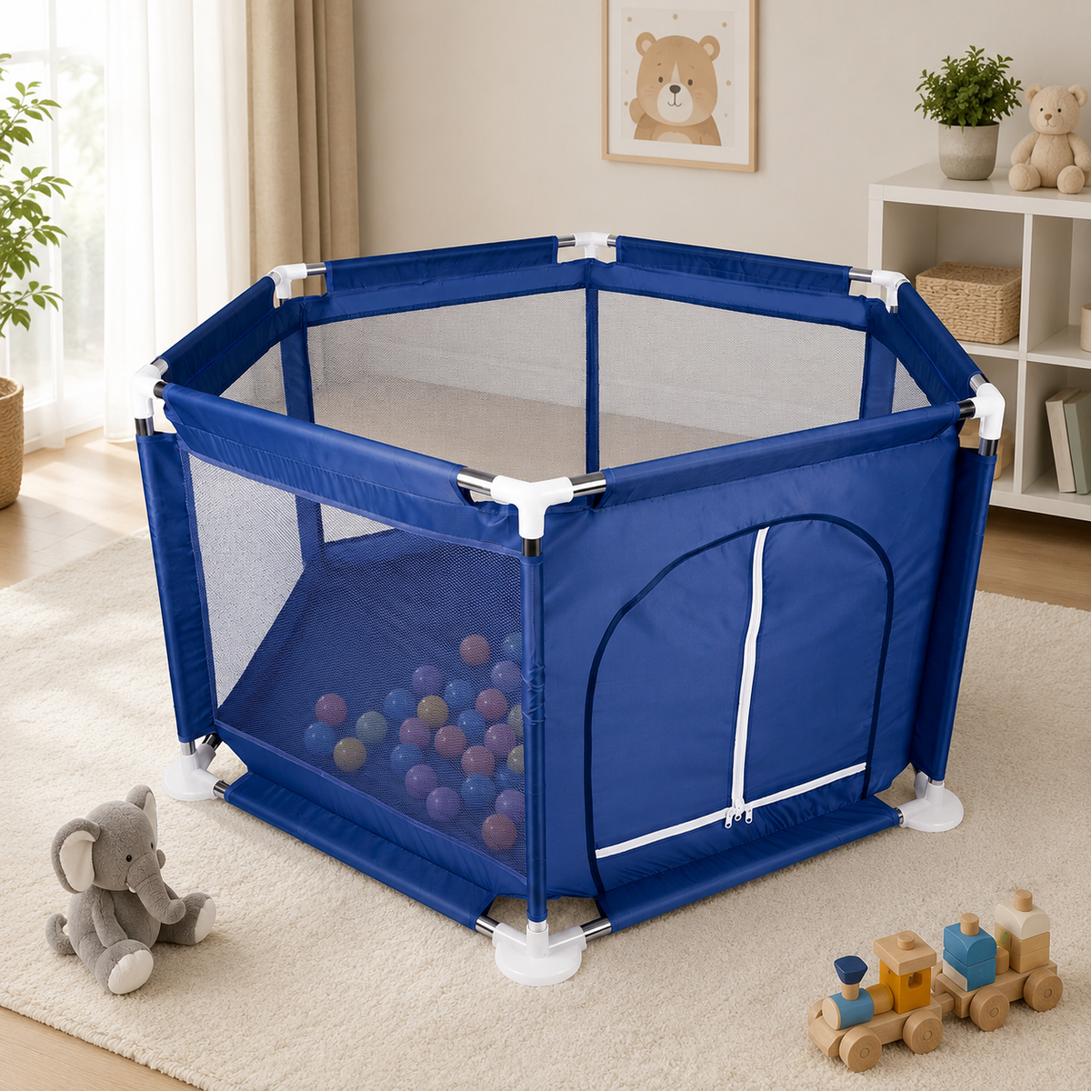 Tarc loc de joaca pentru copii sau bebe, material textil, albastru, 130x60cm - BazarOltenia imagine 3