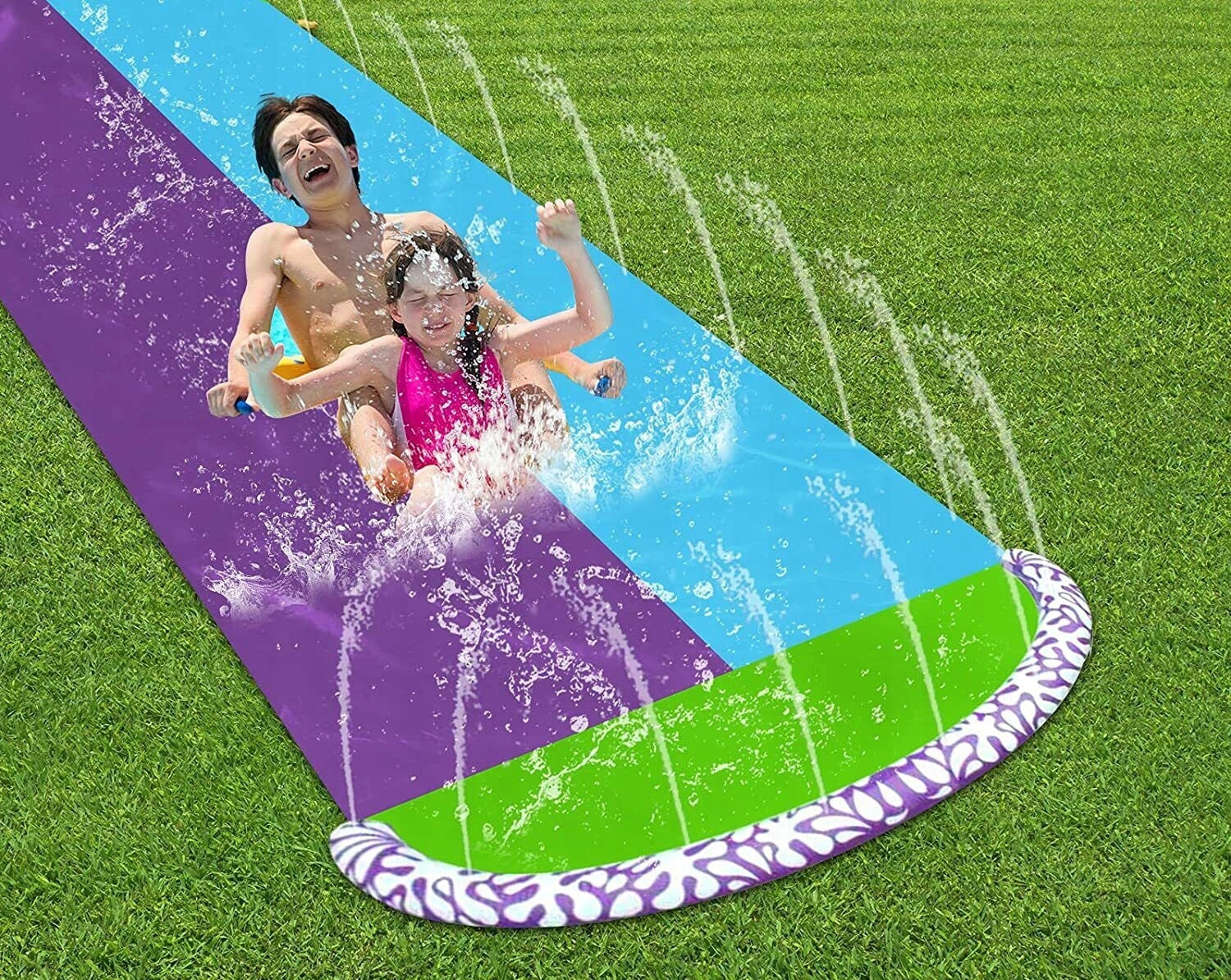 Tobogan de apa dublu cu fantana si 2 placi gonflabile incluse, 482x145 cm, multicolor