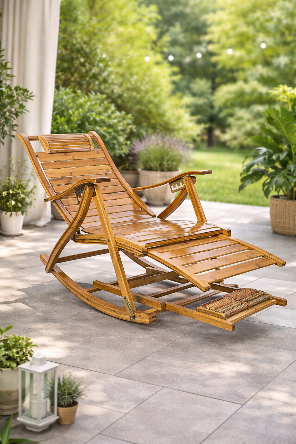 Fotoliu balansoar multifunctional, reglabil 5 pozitii, cu suport picioare si masaj, 158 cm, bambus