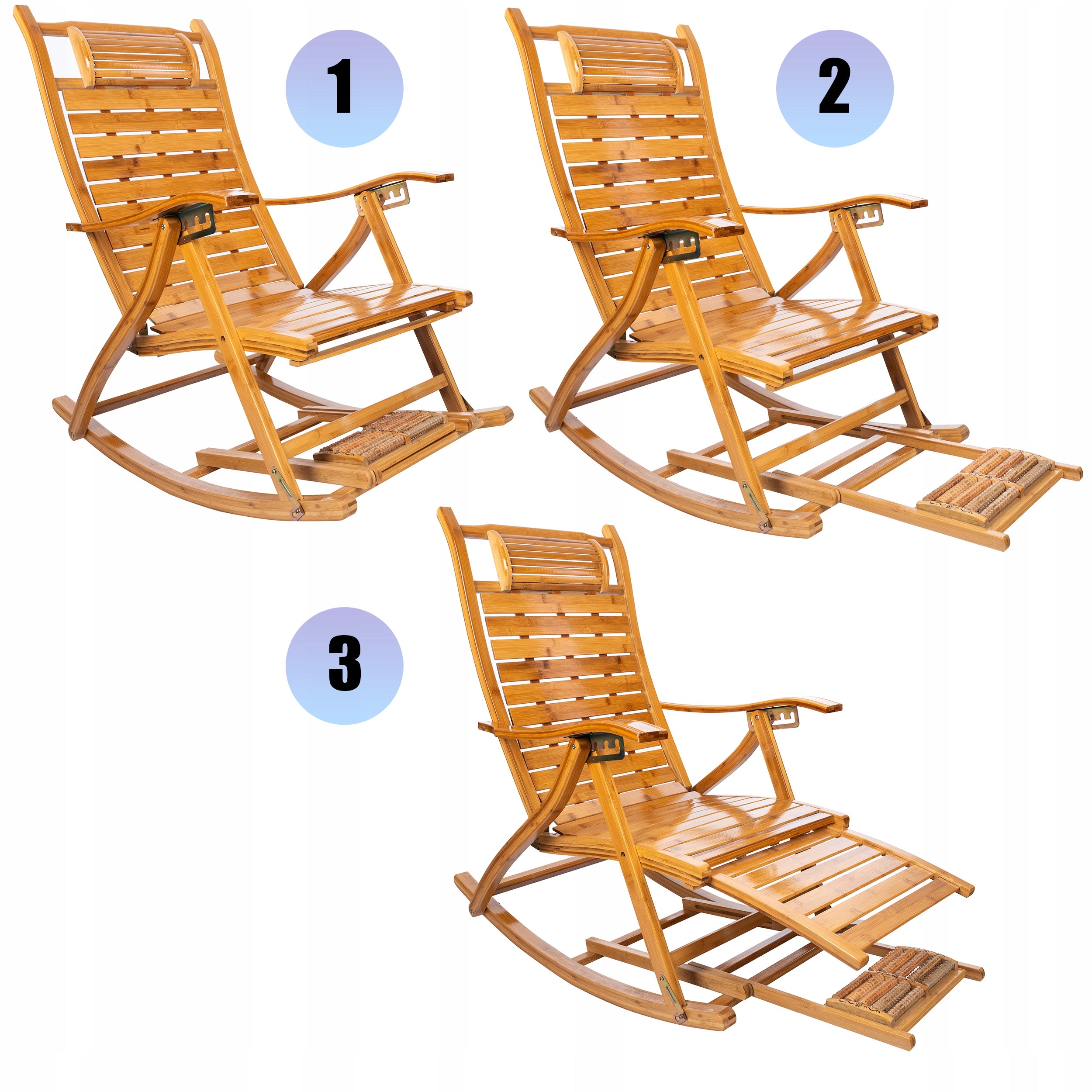 Fotoliu balansoar multifunctional, reglabil 5 pozitii, cu suport picioare si masaj, 158 cm, bambus