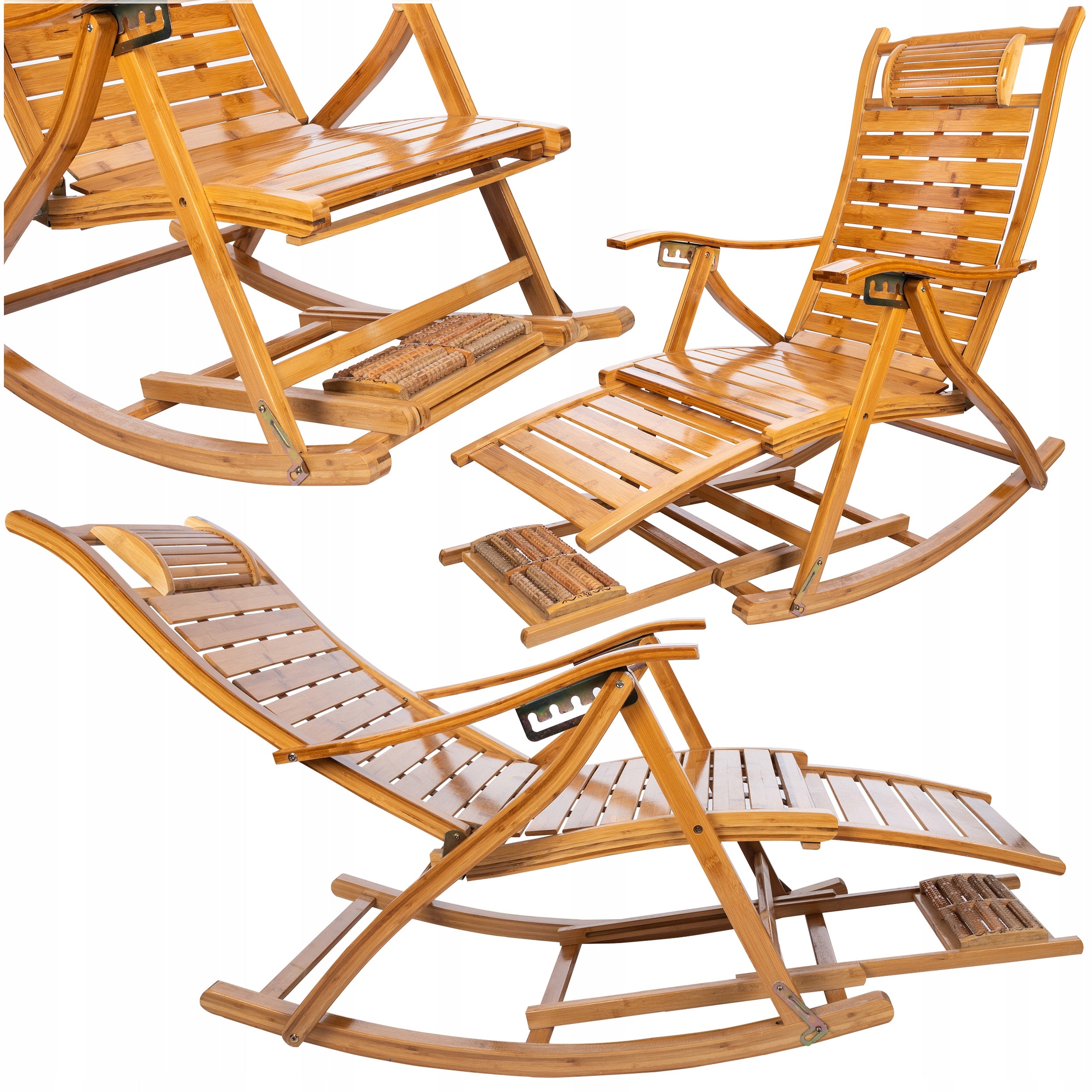 Fotoliu balansoar multifunctional, reglabil 5 pozitii, cu suport picioare si masaj, 158 cm, bambus