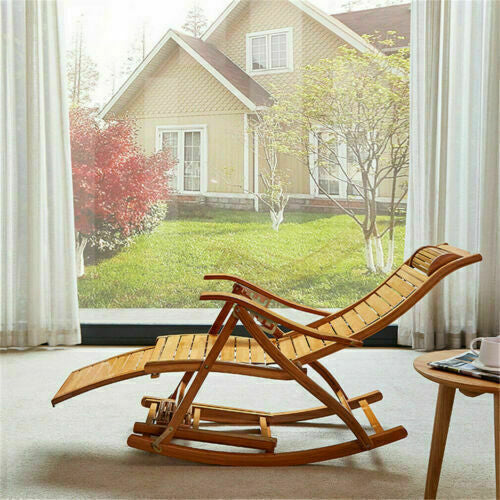 Fotoliu balansoar multifunctional, reglabil 5 pozitii, cu suport picioare si masaj, 158 cm, bambus