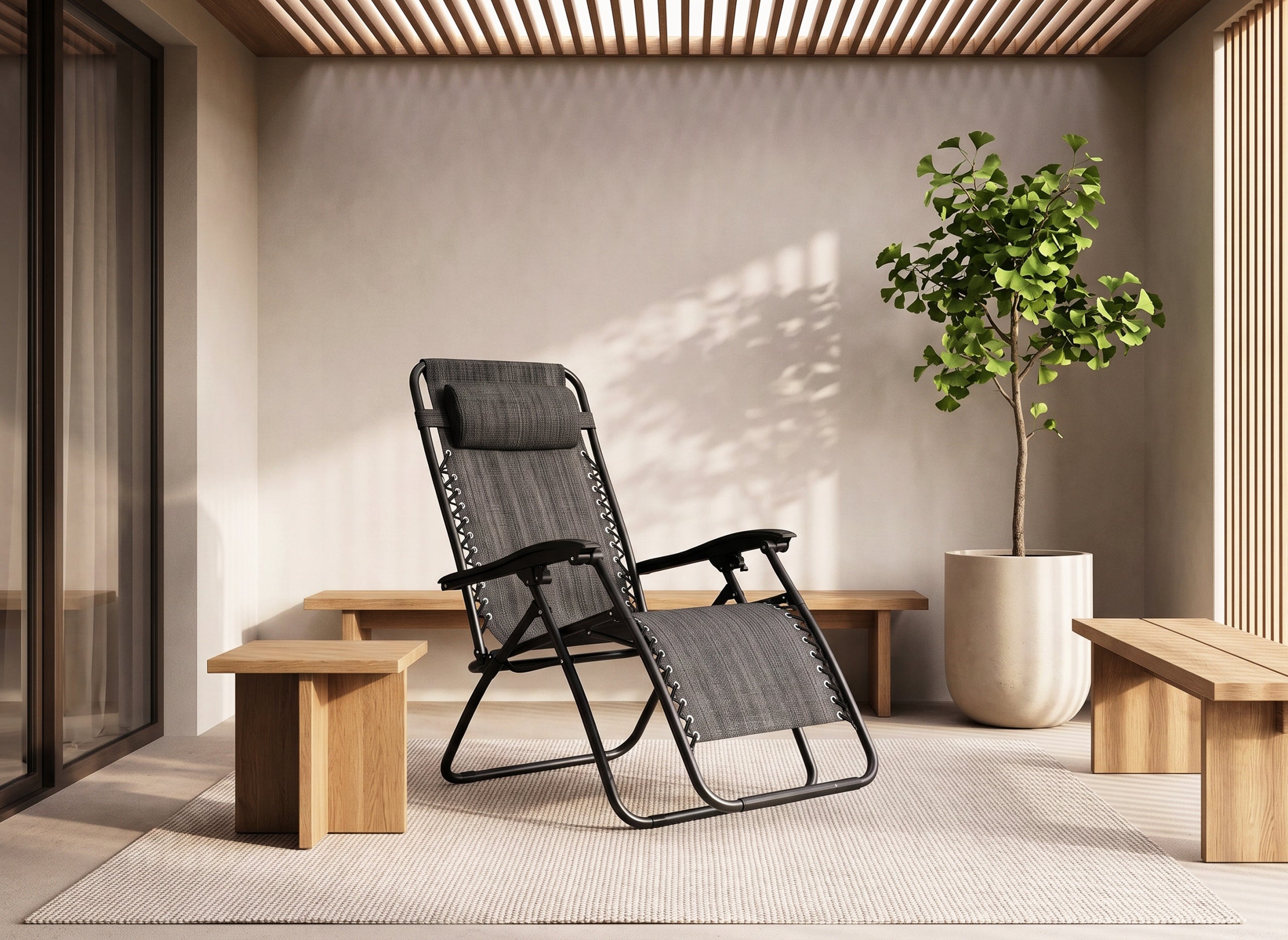 Sezlong pliabil pentru gradina cu tetiera, cadru metalic, suport pahare, maxim 120 kg, 174x65x112 cm, gri