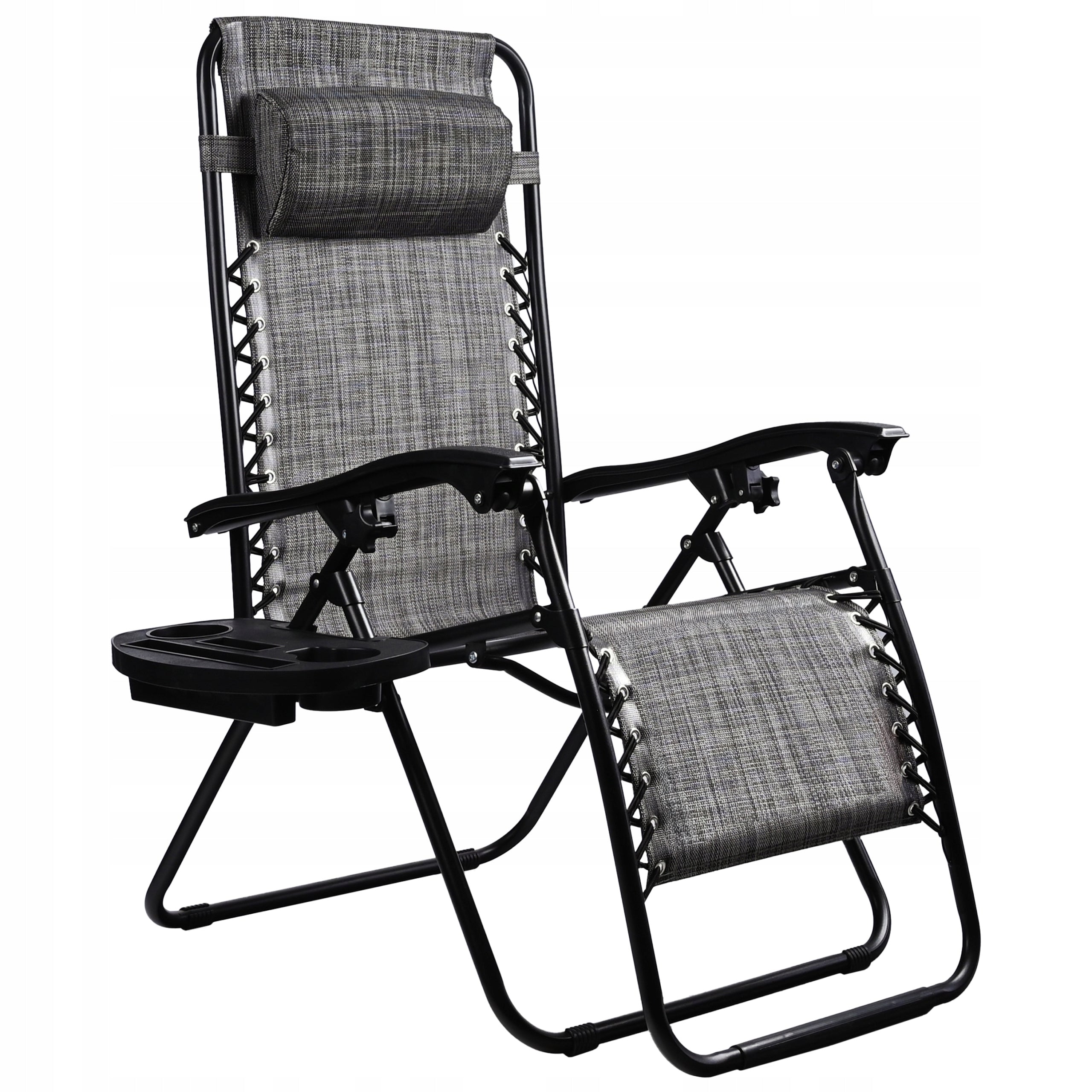Sezlong pliabil pentru gradina cu tetiera, cadru metalic, suport pahare, maxim 120 kg, 174x65x112 cm, gri