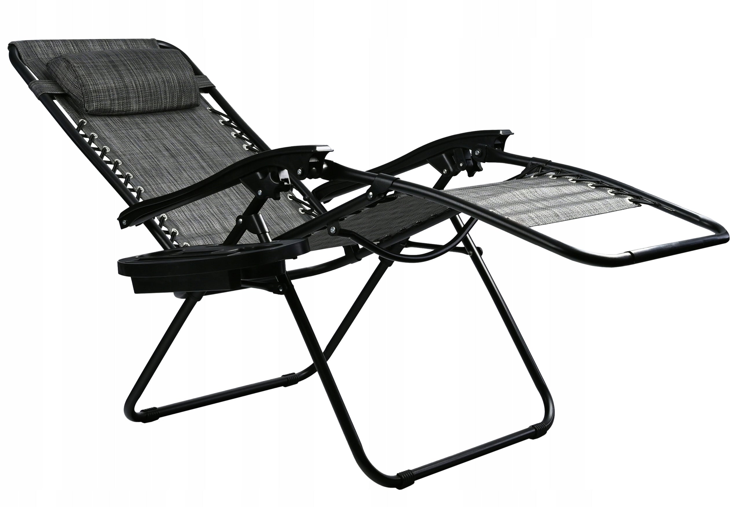 Sezlong pliabil pentru gradina cu tetiera, cadru metalic, suport pahare, maxim 120 kg, 174x65x112 cm, gri