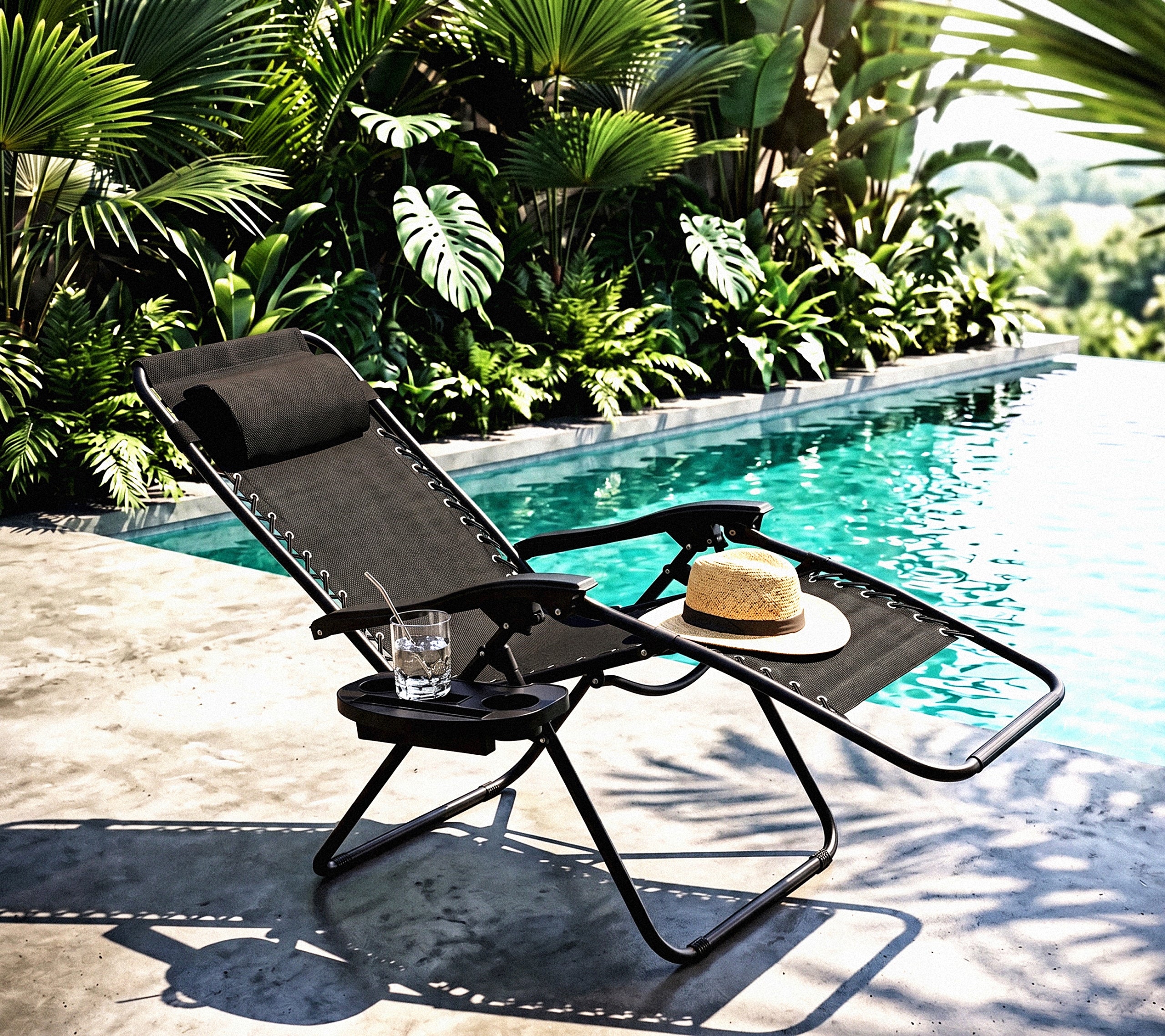 Sezlong pliabil pentru gradina cu tetiera, cadru metalic, suport pahare, maxim 120 kg, 174x65x112 cm, gri
