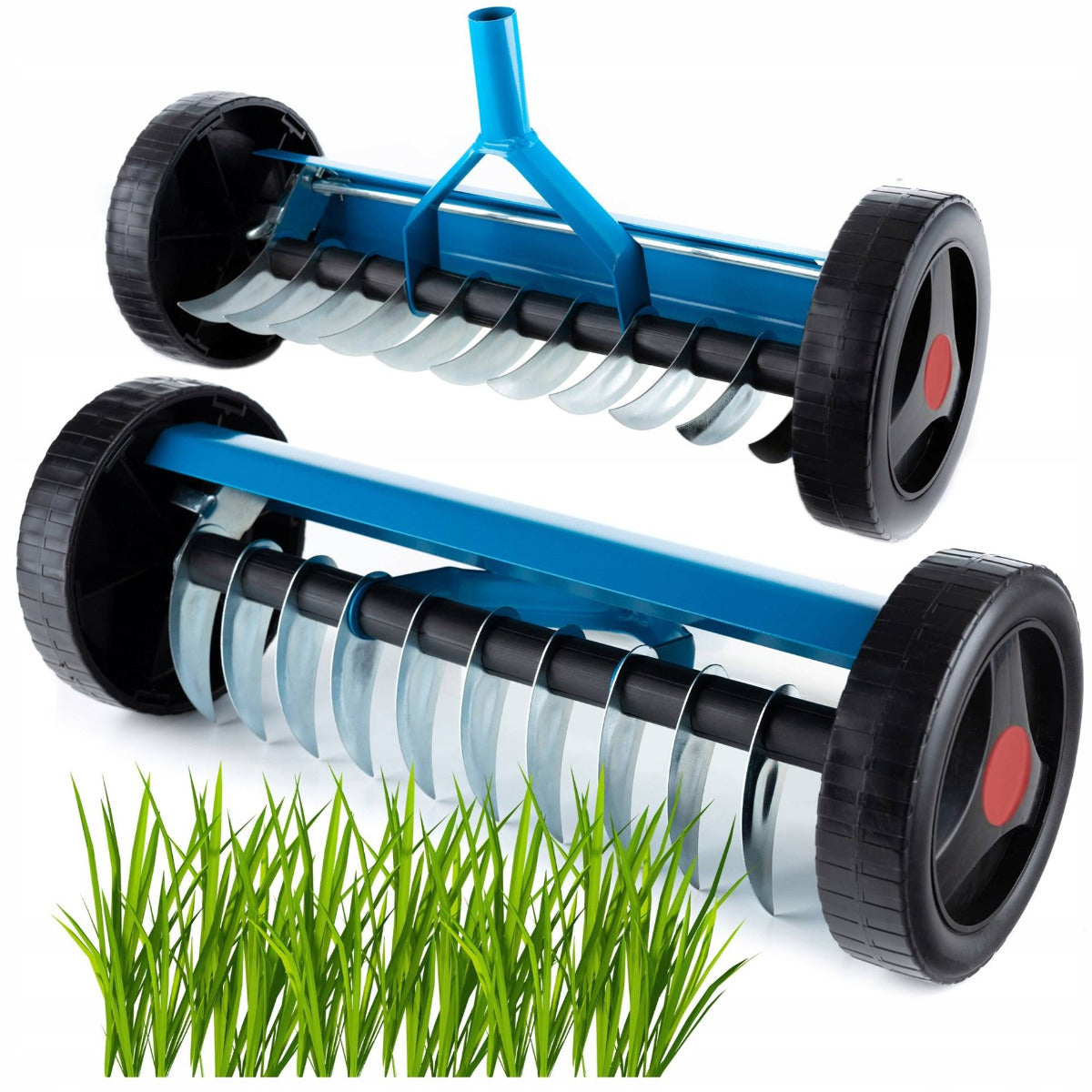 Aerator scarificator manual pentru gazon cu 11 lame din otel, 45 cm, cu roti
