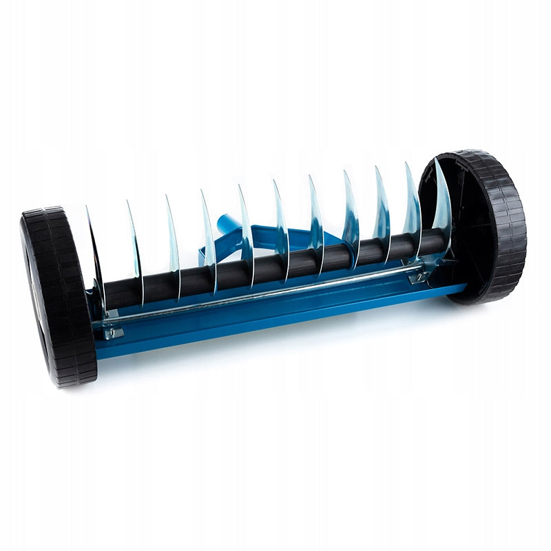 Aerator scarificator manual pentru gazon cu 11 lame din otel, 45 cm, cu roti