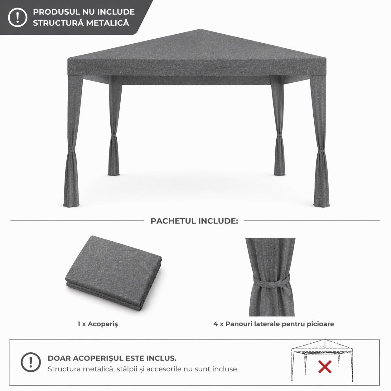 Acoperis pavilion 300x300 cm, PE 100g/mp impermeabil, cu prindere velcro, gri