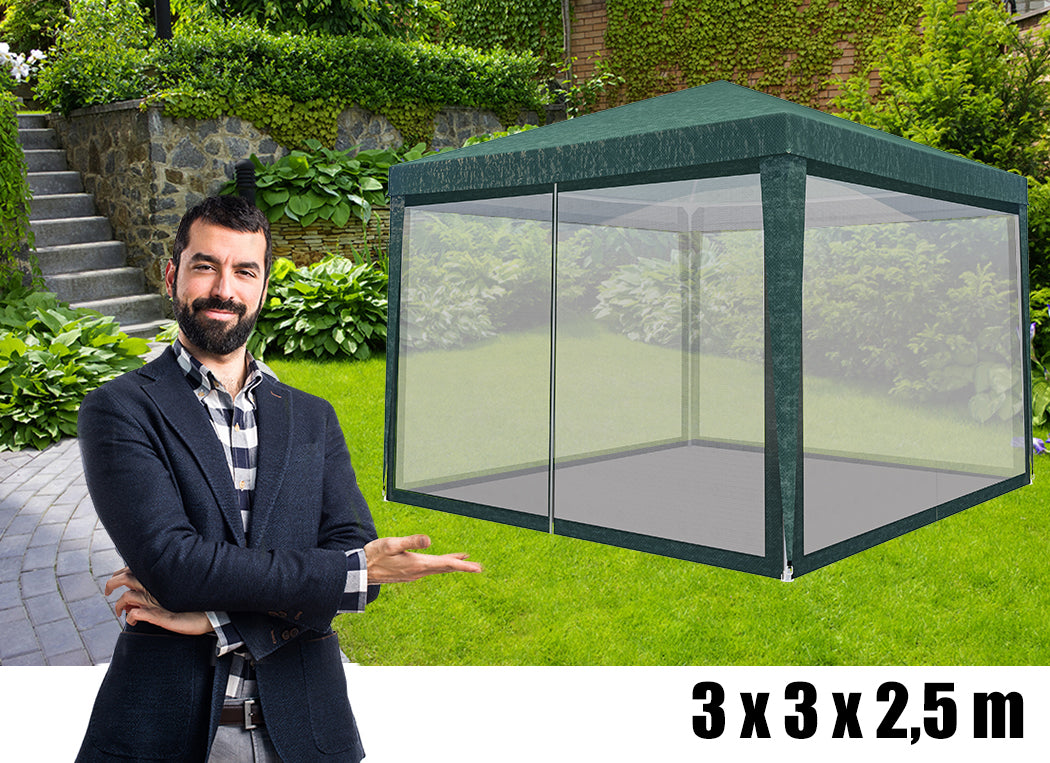 Set 4 pereti pentru pavilion gradina cu plasa tantari si acoperis, material PE 100 g/m2, 300x200 cm, verde