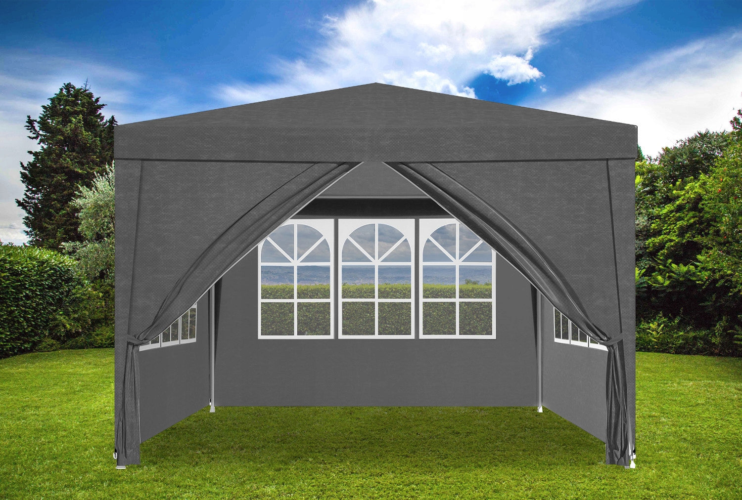 Pereti laterali pavilion 295x195 cm, set 4 bucati, cu ferestre si usa, PE impermeabil, gri
