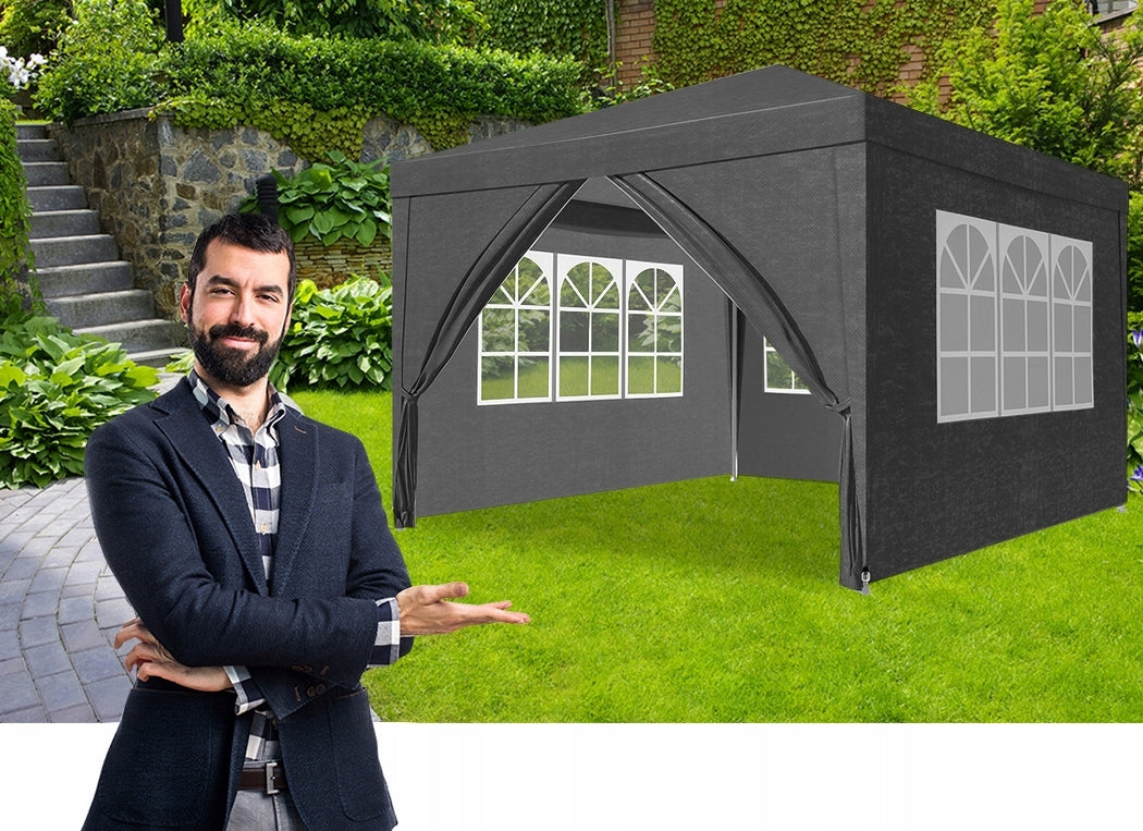 Pereti laterali pavilion 295x195 cm, set 4 bucati, cu ferestre si usa, PE impermeabil, gri