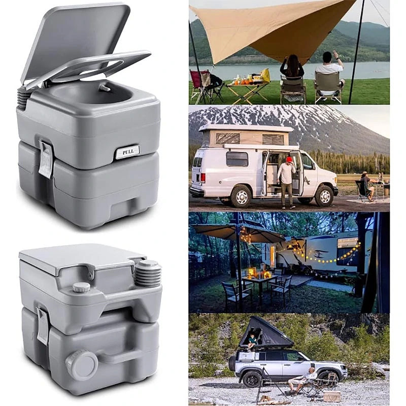 Toaleta portabila turistica cu rezervor apa curata 12 L si reziduala 12L, design compact, maxim 200 kg, 43x34x42 cm, gri