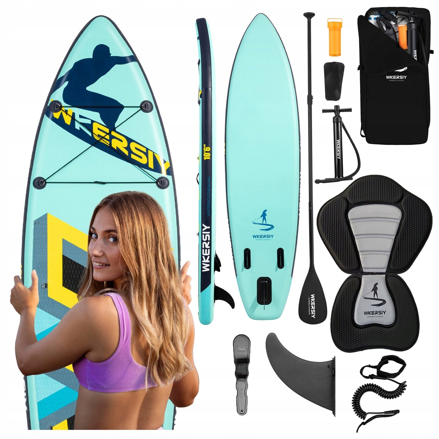 Set SUP gonflabil, 340x82x15 cm, albastru – stand-up paddle, 180 kg, scaun caiac si accesorii