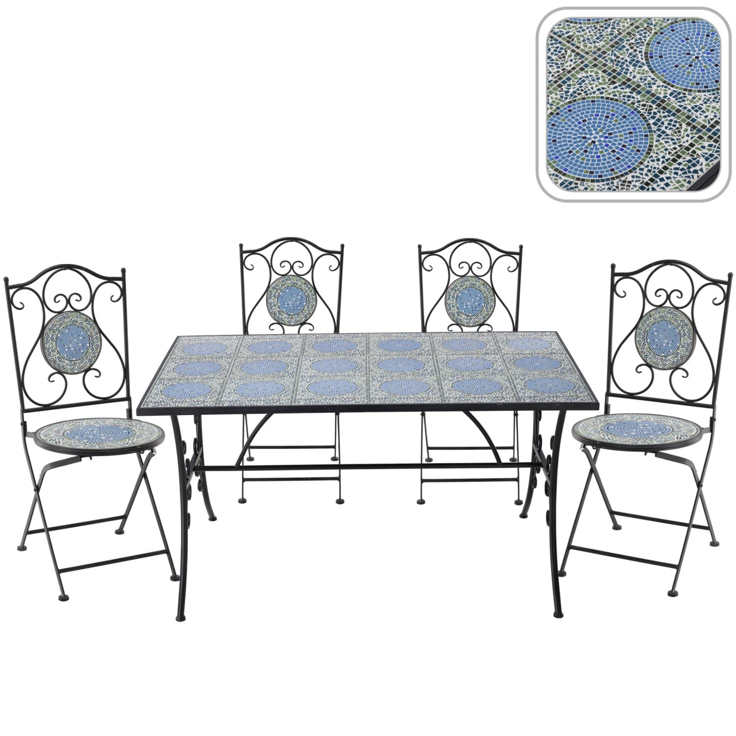 Set mobilier gradina, masa si 4 scaune, blat mozaic ceramic, cadru metalic, negru si albastru