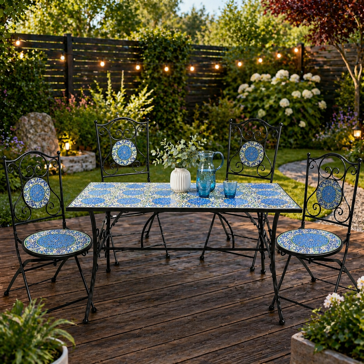 Set mobilier gradina, masa si 4 scaune, blat mozaic ceramic, cadru metalic, negru si albastru