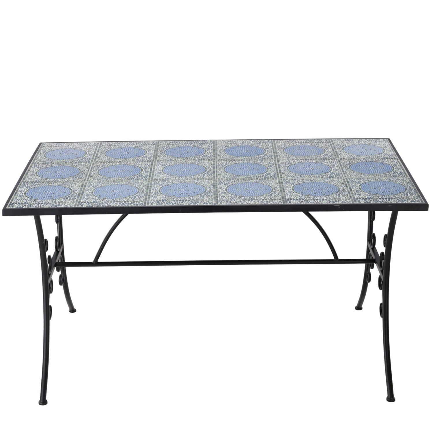 Set mobilier gradina, masa si 4 scaune, blat mozaic ceramic, cadru metalic, negru si albastru