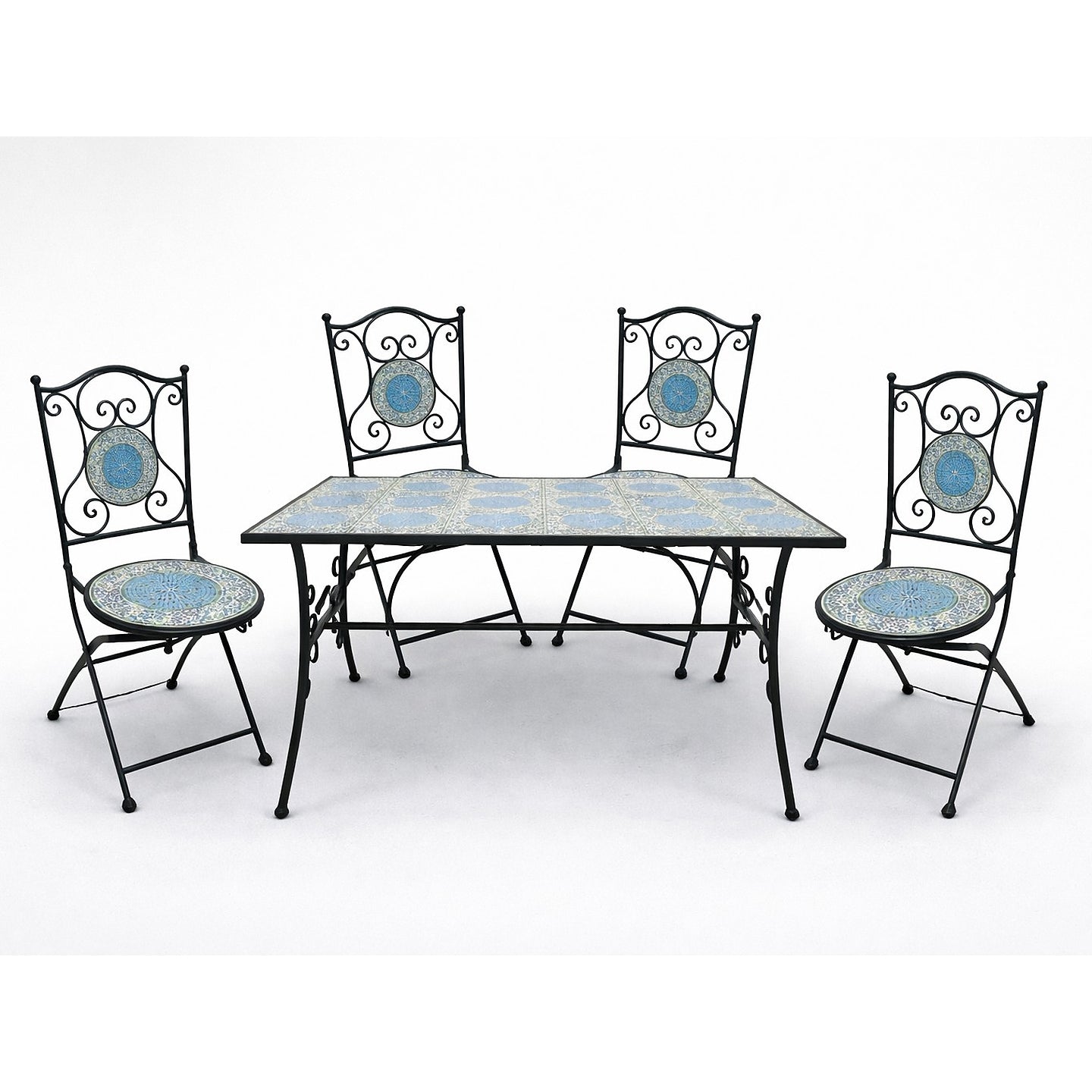Set mobilier gradina, masa si 4 scaune, blat mozaic ceramic, cadru metalic, negru si albastru