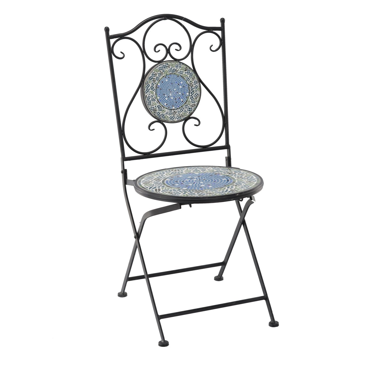 Set mobilier gradina, masa si 4 scaune, blat mozaic ceramic, cadru metalic, negru si albastru