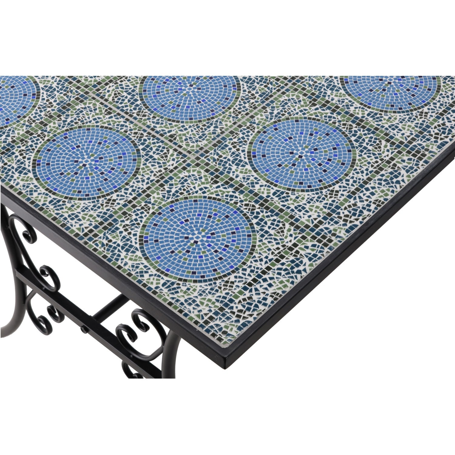 Set mobilier gradina, masa si 4 scaune, blat mozaic ceramic, cadru metalic, negru si albastru