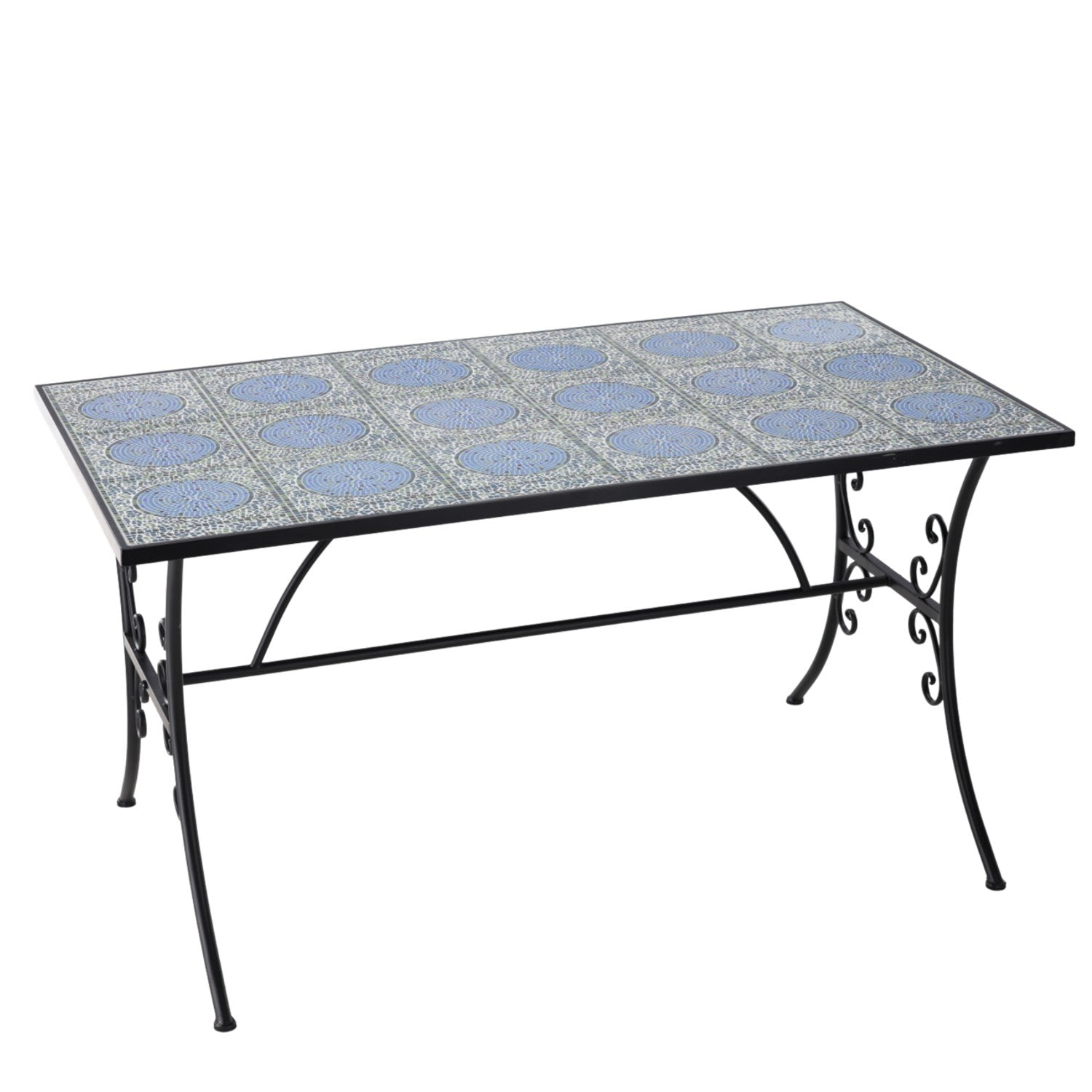 Set mobilier gradina, masa si 4 scaune, blat mozaic ceramic, cadru metalic, negru si albastru