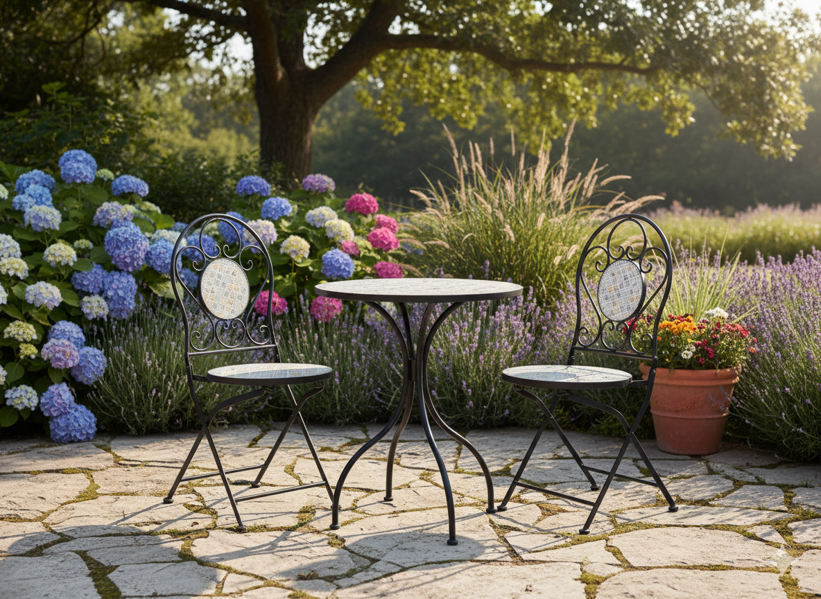 Set mobilier gradina Louloudia 3 piese, masa si 2 scaune pliabile, mozaic decorativ, metal, multicolor