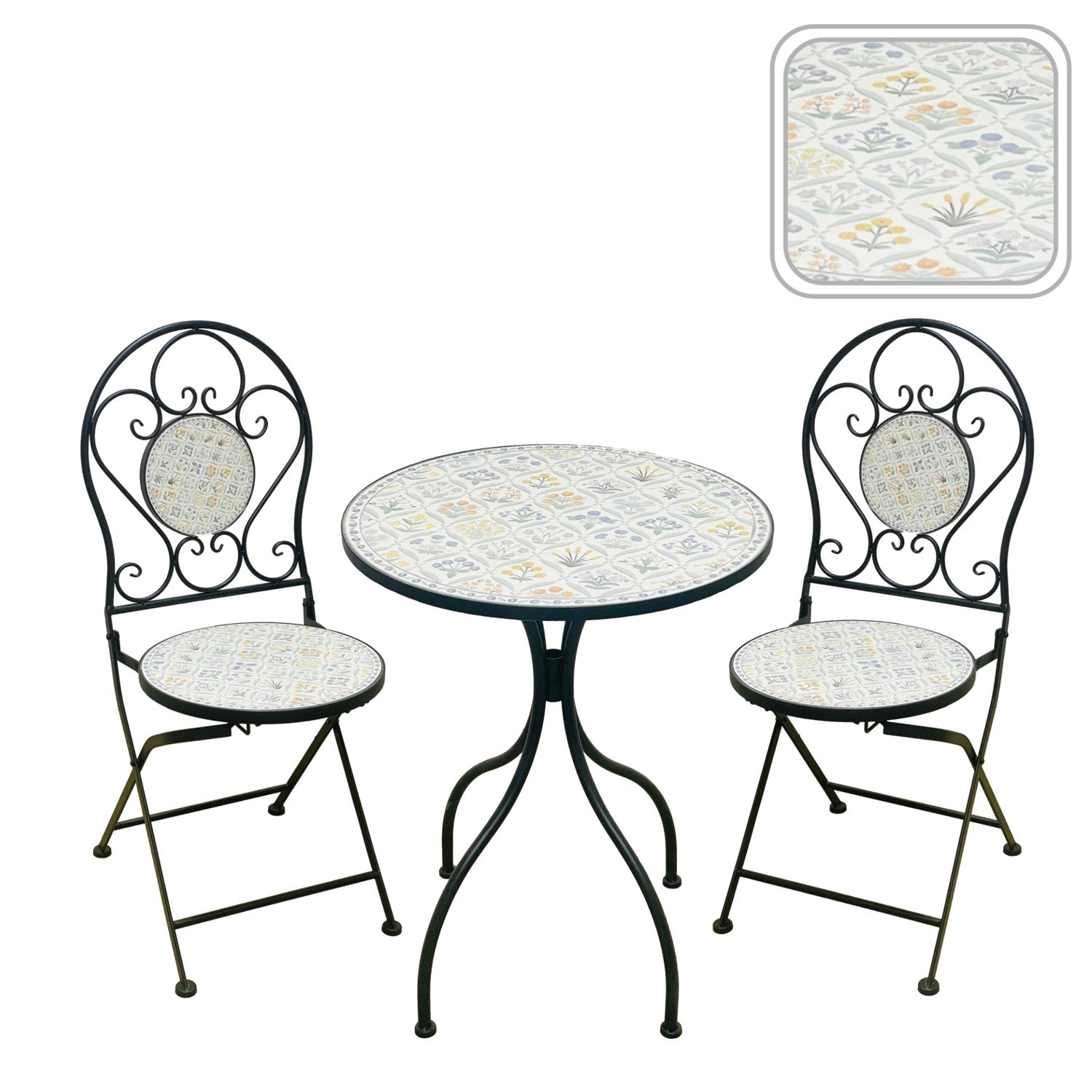 Set mobilier gradina Louloudia 3 piese, masa si 2 scaune pliabile, mozaic decorativ, metal, multicolor