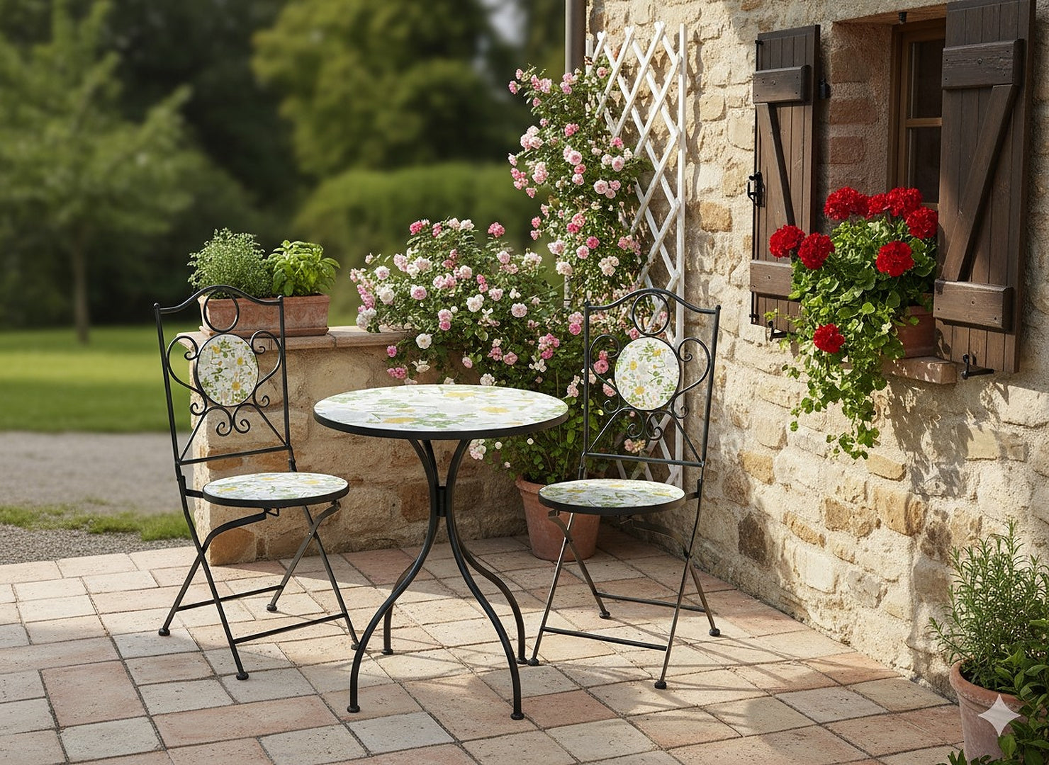 Set mobilier gradina Antos 3 piese, masa si 2 scaune pliabile, mozaic decorativ, metal, multicolor
