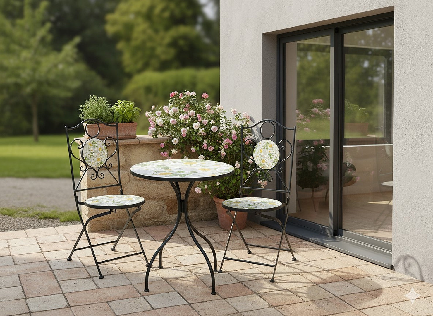 Set mobilier gradina Antos 3 piese, masa si 2 scaune pliabile, mozaic decorativ, metal, multicolor