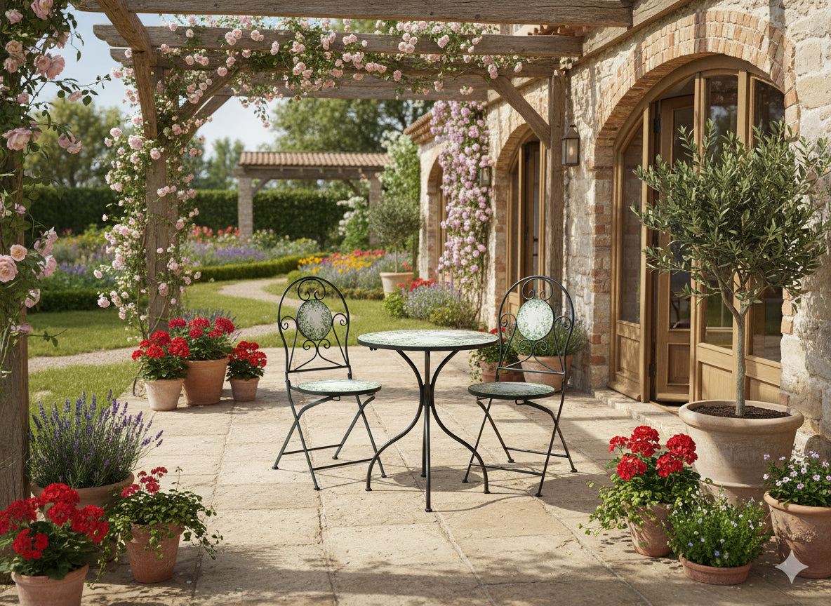 Set mobilier gradina Fylla 3 piese, masa si 2 scaune pliabile, mozaic decorativ, metal, multicolor